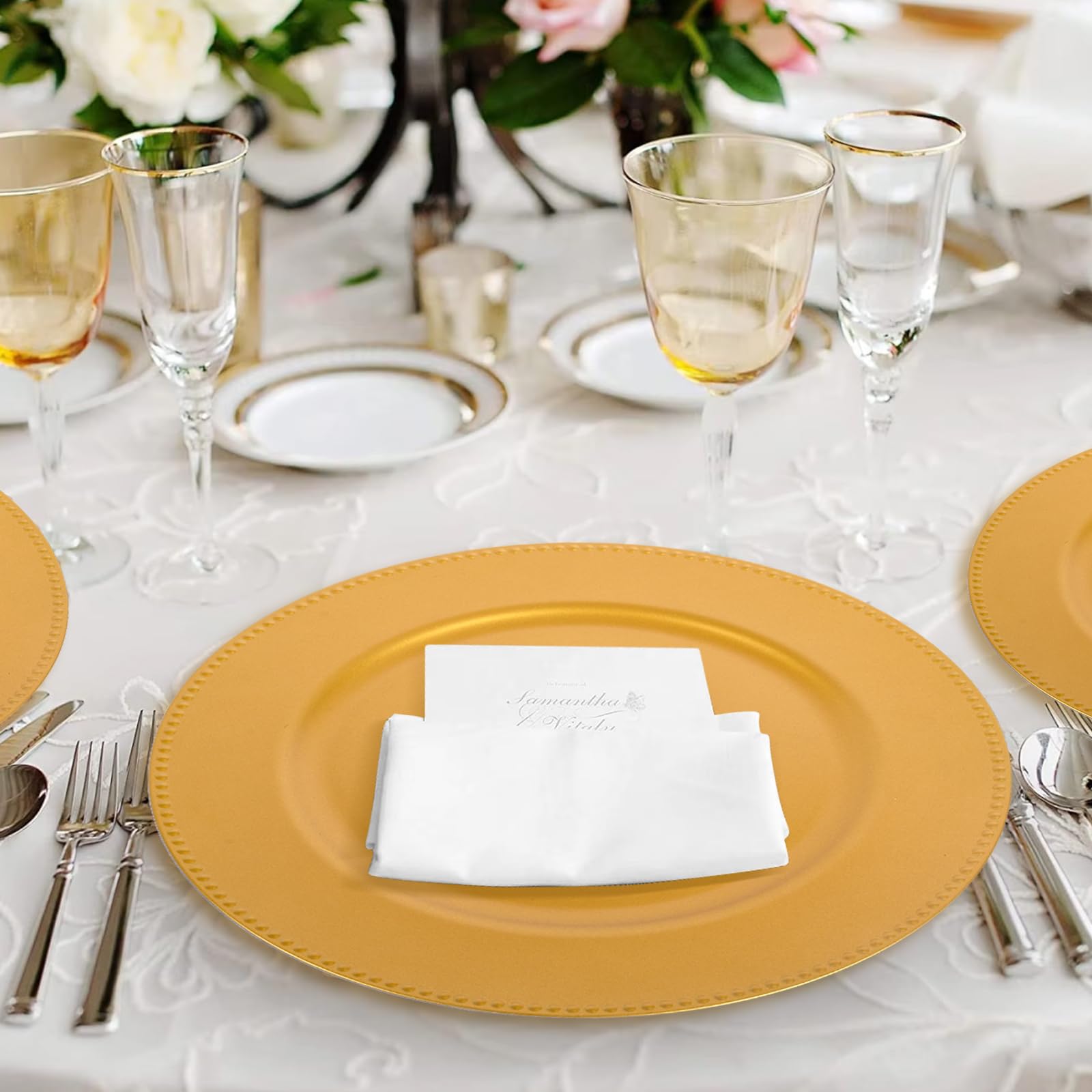 100 Pcs Gold Charger Plates Bulk - 13 Inch Plastic Round Dinner Plates with Beaded Rim, Reusable Charger Service Plates for Christmas, Wedding, Party & Special Events - Elegant Table Setting for Holiday Dinners, Banquets and Formal Occasions