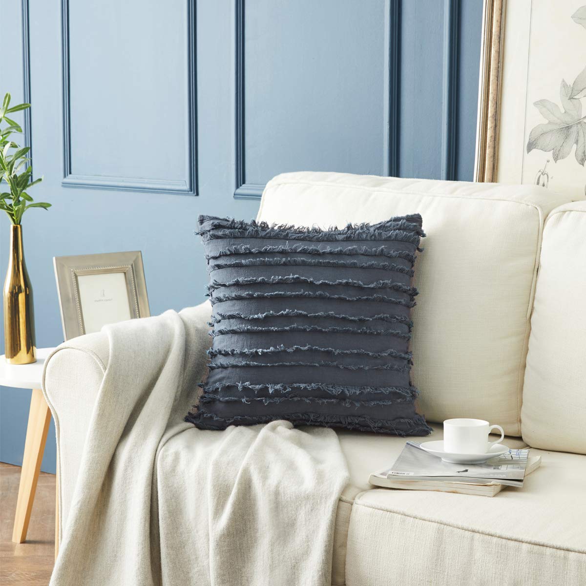 GIGIZAZA 16x16 Inch Decorative Throw Pillow Covers - Grey Blue Square Cotton Couch Pillow Covers for Sofa, Boho Home Decor | Perfect for Living Room, Bedroom & Outdoor Furniture Accents