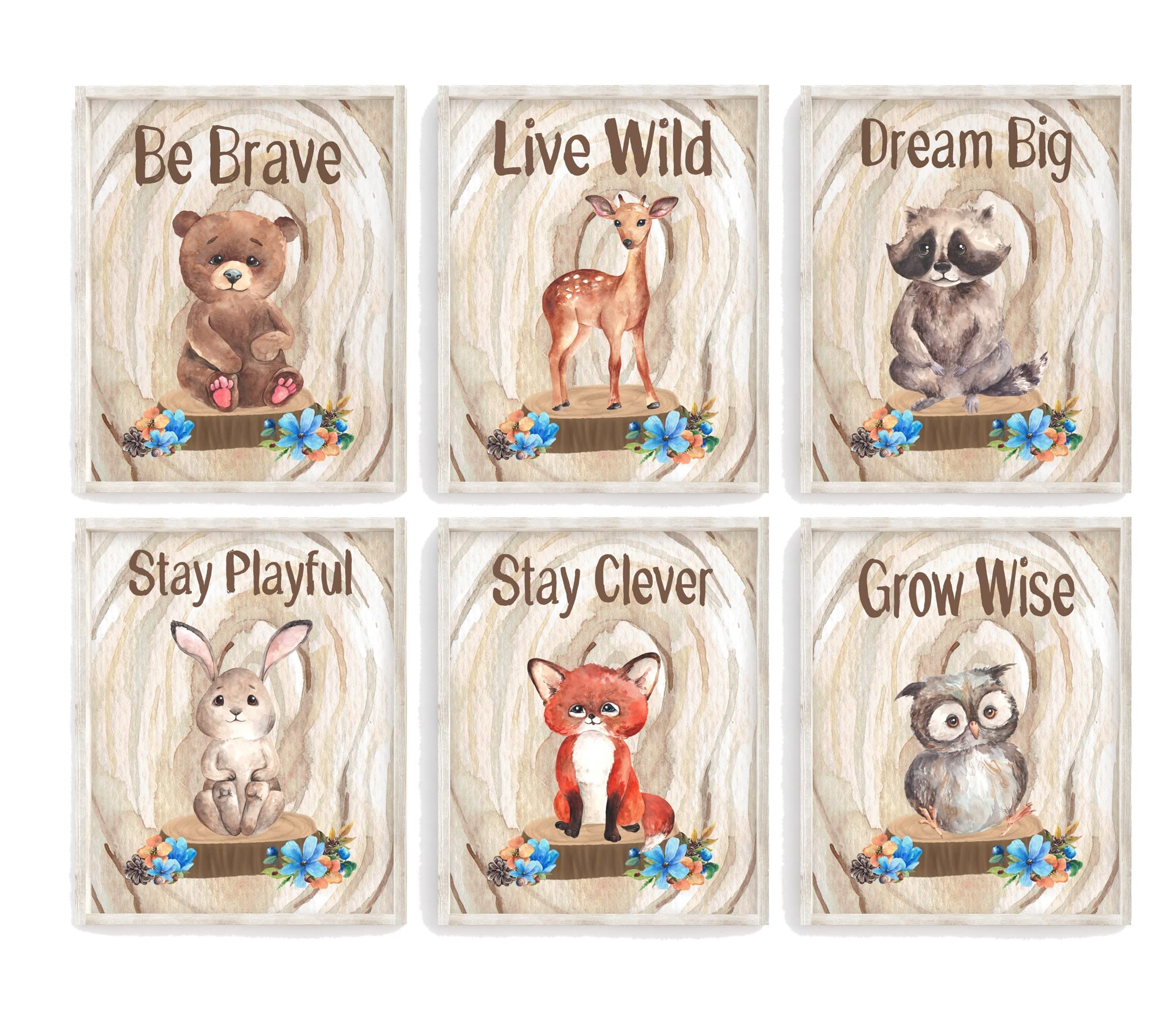 Watercolor Woodland Nursery Decor Set of 6 Prints - Bear, Deer, Raccoon, Bunny, Fox & Owl Wall Art for Baby Room, Kids Bedroom & Nursery Decoration