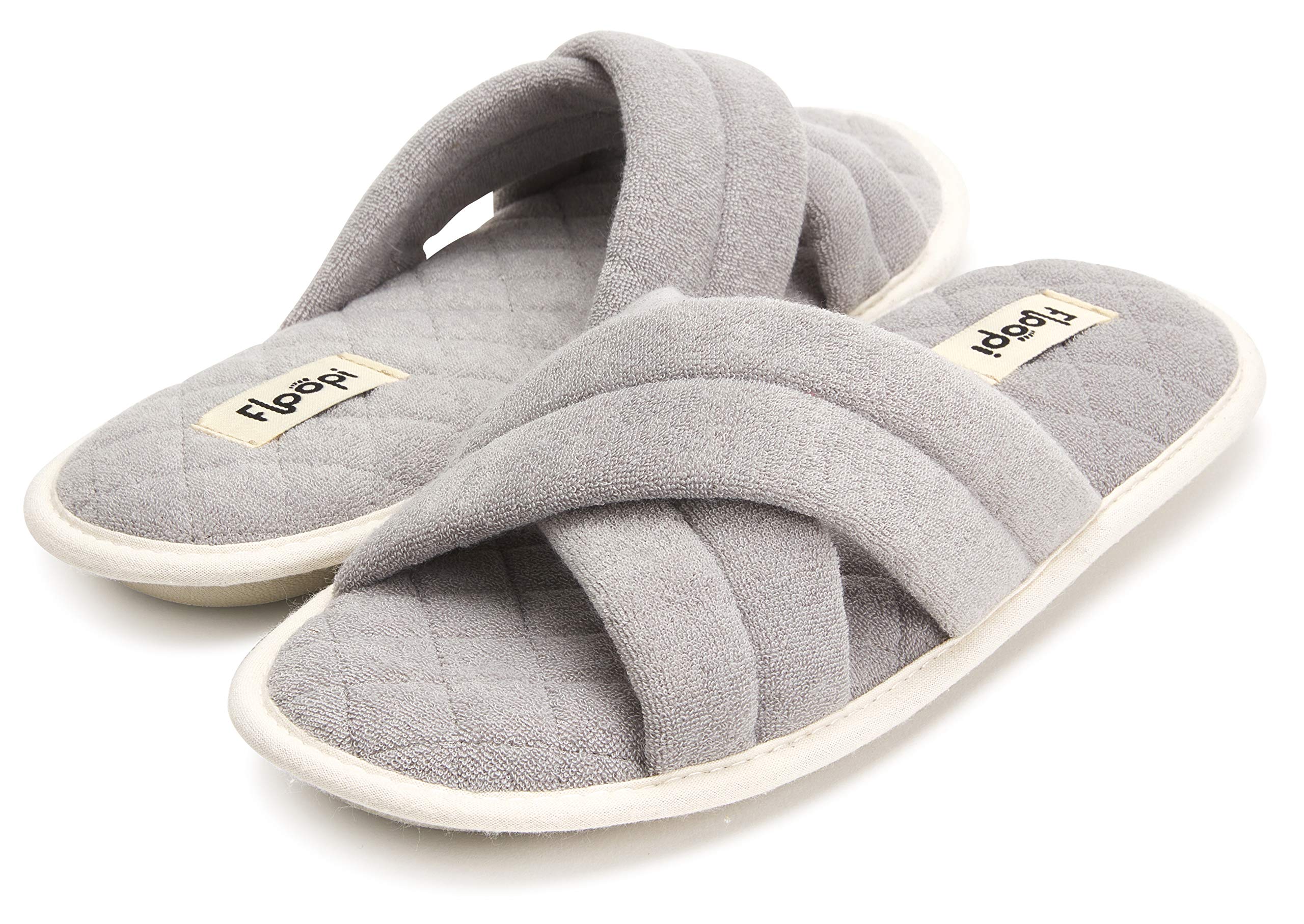 Floopi Women's Soft Criss Cross Open Toe Slippers - Quilted Terry Stitch Insole, Memory Foam Comfort & Anti-Skid Rubber Outsole - Perfect for Summer, Home, Spa, and Beach Wear