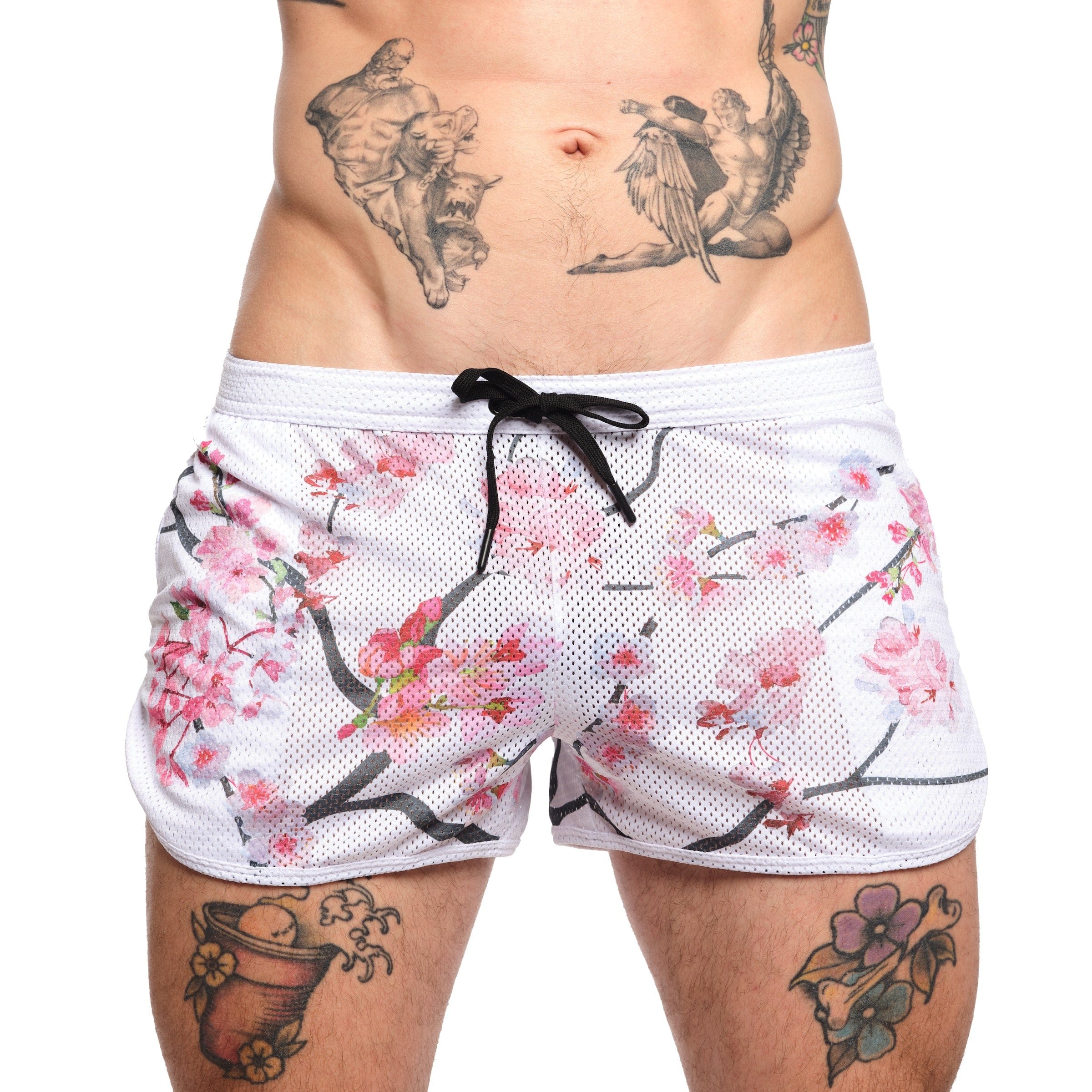 Cherry Blossom Mesh Shorts in White - Floral Lace Athletic Running Shorts for Women | Perfect for Yoga, Gym Workouts & Summer Fashion