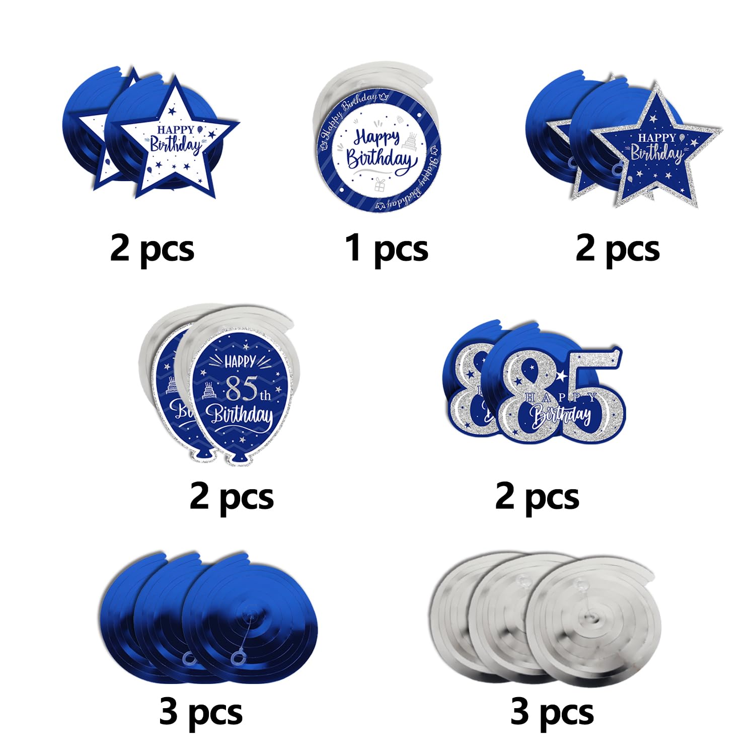 85th Birthday Blue & Silver Glitter Swirl Streamers - 15 Pcs Hanging Party Decorations Kit for Milestone Celebrations | Perfect for Wall Decor, Photo Backdrops, and Birthday Party Sign Enhancements