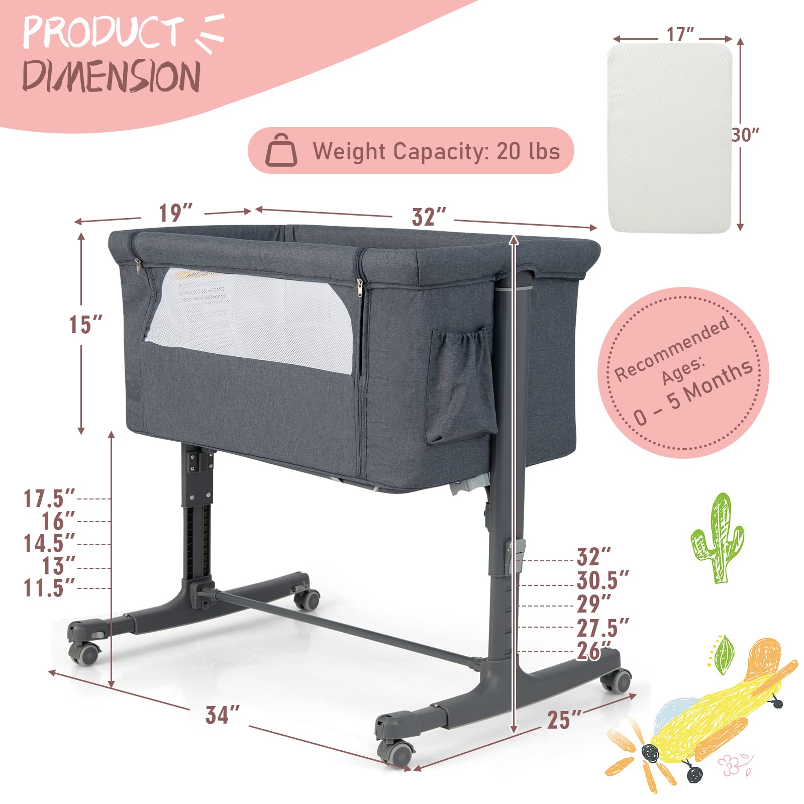 HONEY JOY 3-in-1 Portable Baby Bassinet Bedside Sleeper with Wheels - Adjustable Height Crib for Newborns & Infants, Includes Mattress & Carry Bag (Gray) | Perfect for Nursery, Bedroom Co-Sleeping & Travel