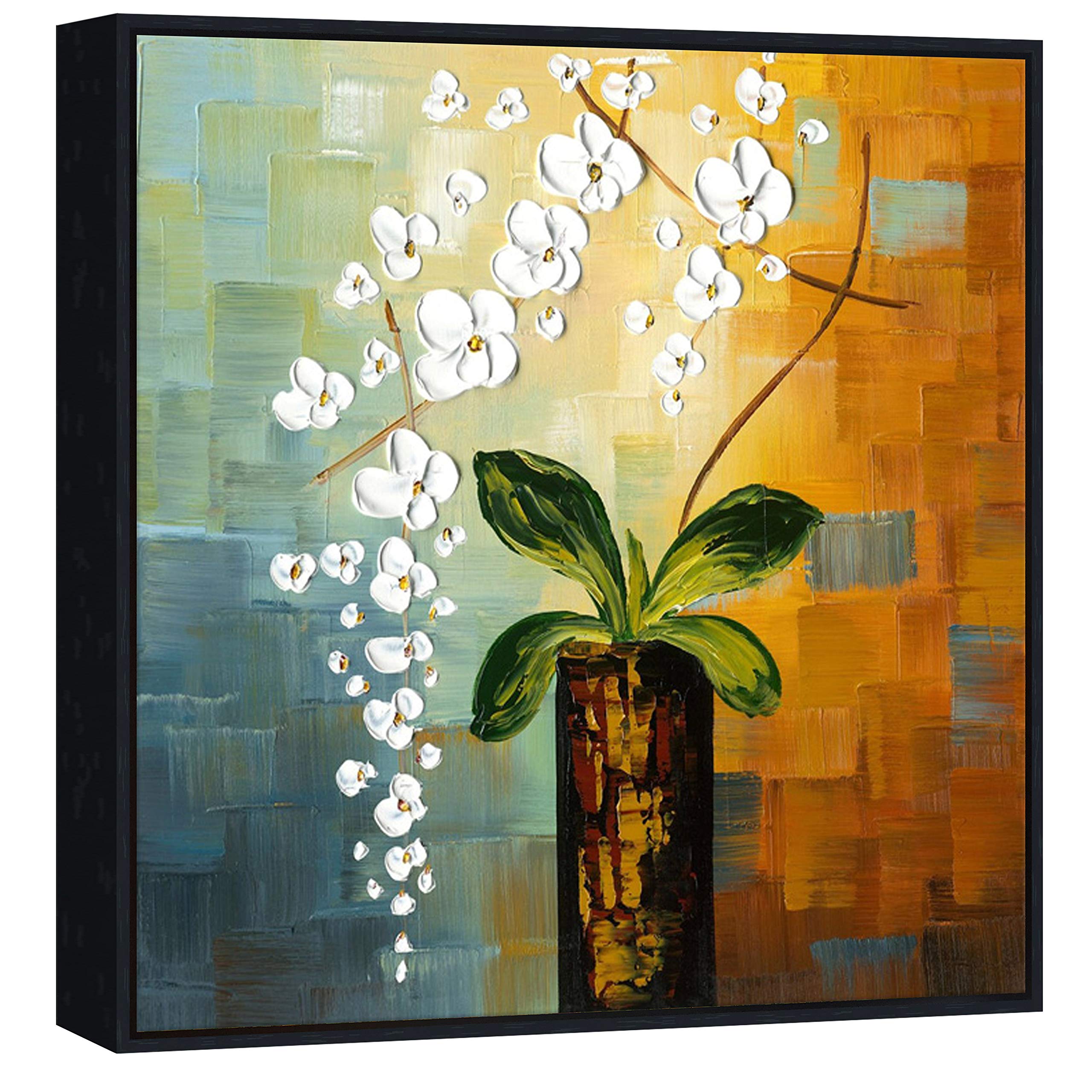 Wieco Art Framed Canvas Wall Decor - 100% Hand-Painted Modern Abstract Floral Oil Painting - Stretched with Black Frame for Living Room, Bedroom & Office Decor