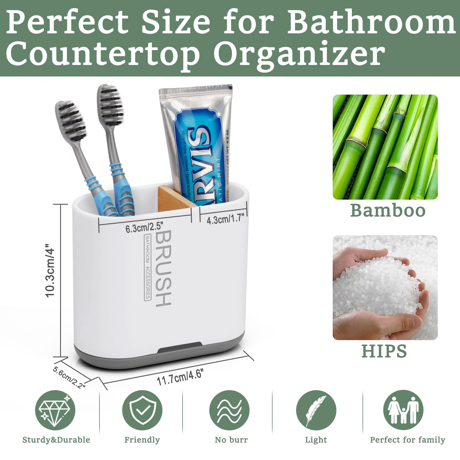 Bamboo Toothbrush and Toothpaste Holder with Detachable Divider - 2 Slot Bathroom Countertop Organizer for Electric Toothbrushes, Easy to Clean with Drainage Holes - Perfect for Family Bathroom Organization (White)