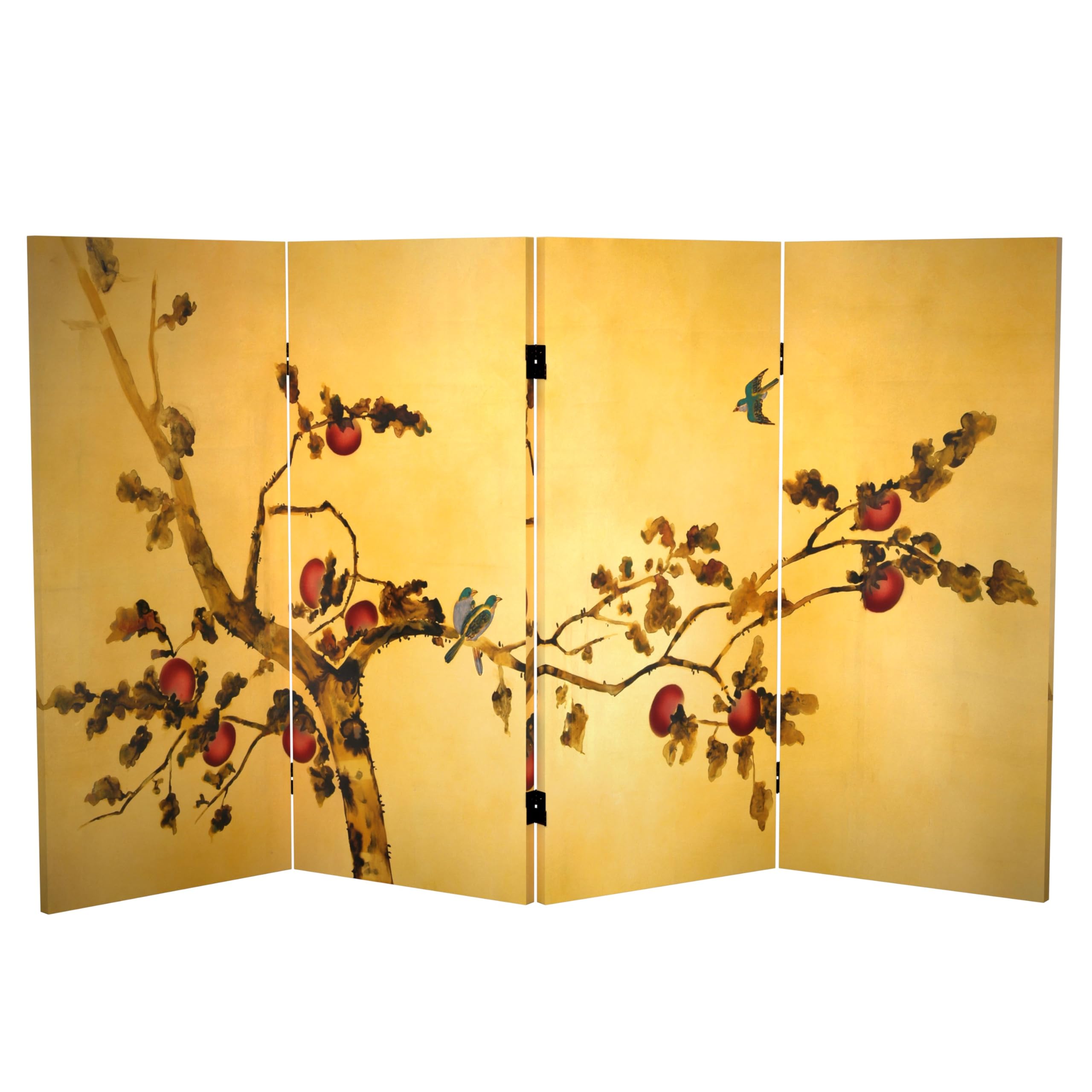 3 ft Red Lantern Double-Sided Plum Tree Bird Canvas Room Divider - Asian Home Decor for Living Room, Bedroom & Office Partition