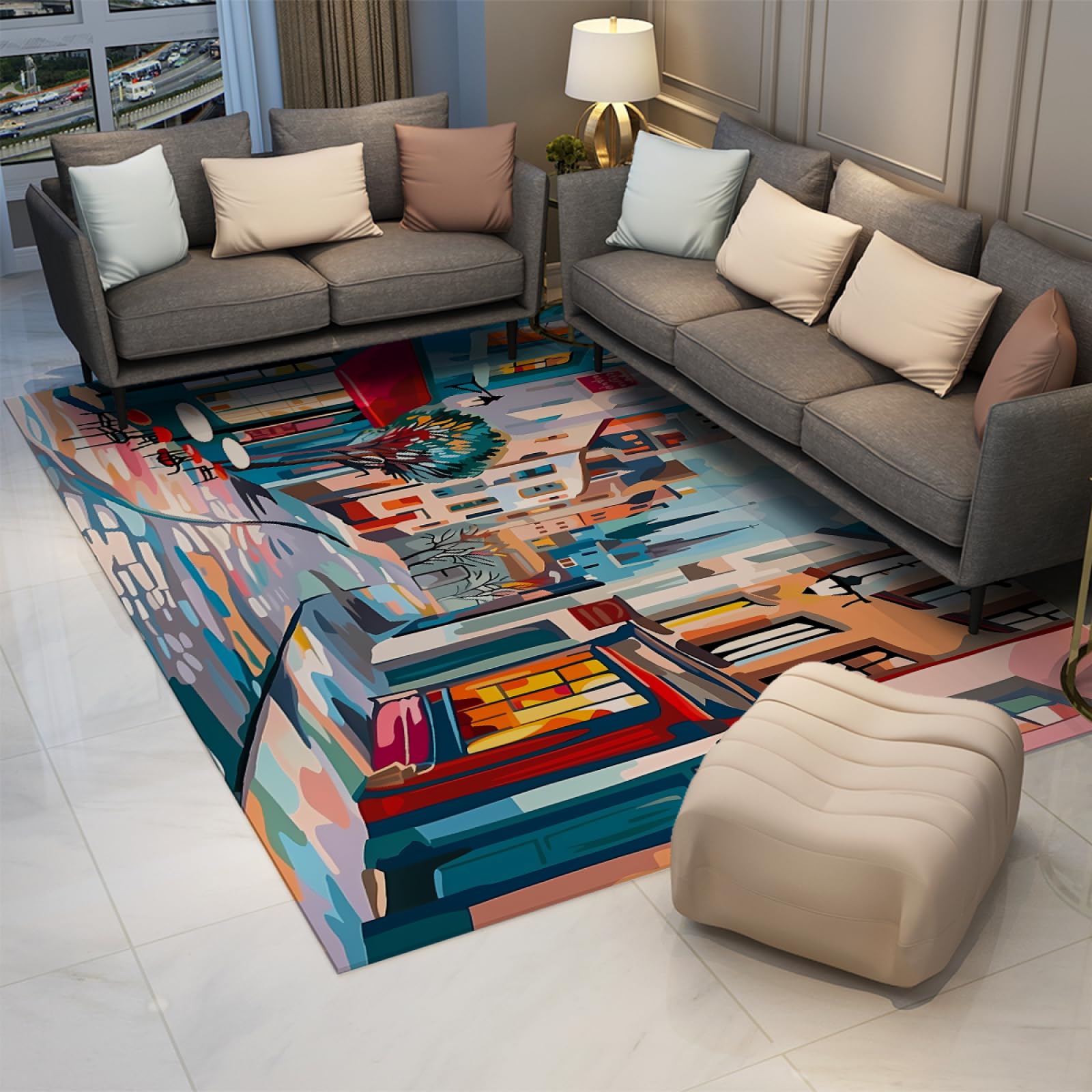 3'x5' Cartoon Street Scene Area Rug - Soft Machine Washable Nordic Farmhouse Carpet for Living Room, Bedroom & Office - Perfect for Kids' Playroom, Dorm Decor and Cozy Home Spaces