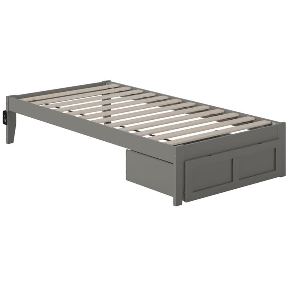 BOWERY HILL Modern Gray Wood Twin Bed with Foot Drawer & USB Charger - Space-Saving Storage Bed for Small Bedrooms, Guest Rooms & Kids Rooms