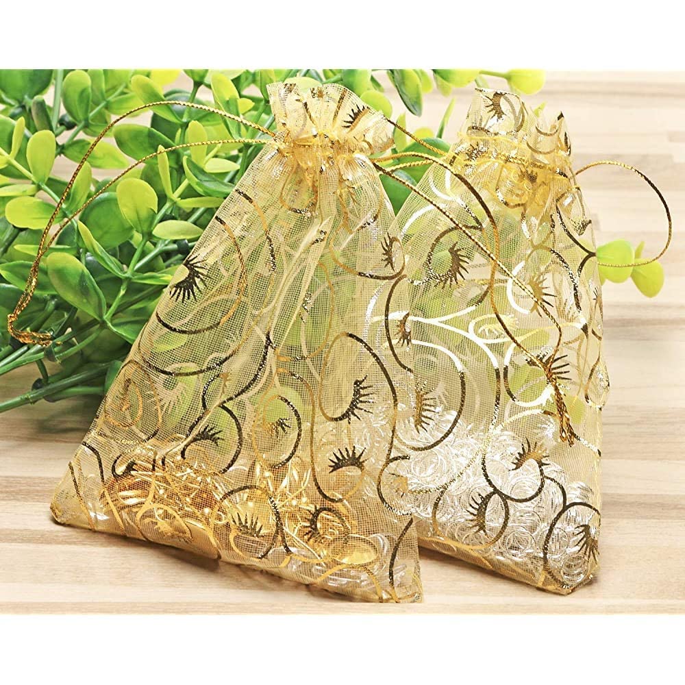Premium Printed Organza Gift Bags - 25-Pack Golden Drawstring Pouches for Weddings, Jewelry, Party Favors & Special Occasions | Elegant Return Gift Packaging Solution