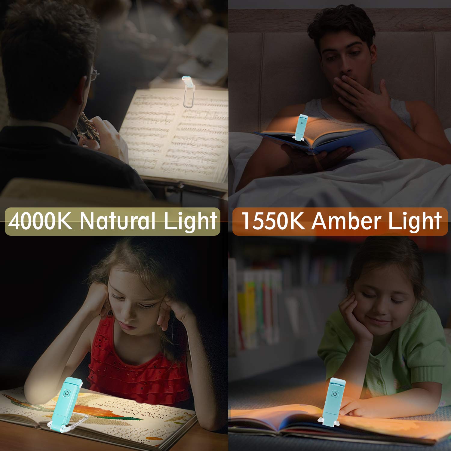 BIGLIGHT Amber LED Clip On Book Light - USB Rechargeable Reading Light with 2 Brightness Levels for Eye Protection - Perfect for Bedtime Reading, Kids Books, and Nighttime Study - Mint Green