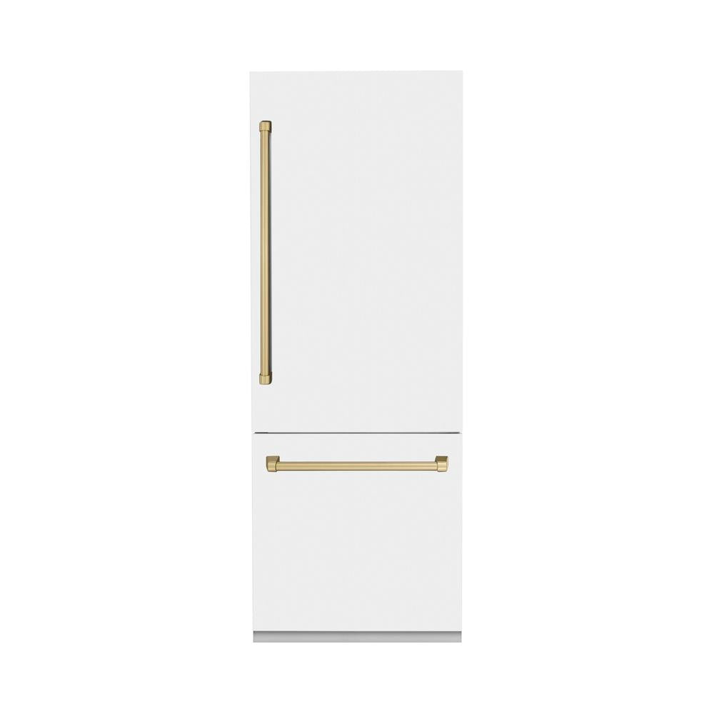 ZLINE Autograph Edition 30 Inch Built-In Bottom Freezer Refrigerator - 16.1 cu ft Capacity, Water Dispenser & Ice Maker - White Matte Finish with Champagne Bronze Accents (RBIVZ WM 30 CB) - Perfect for Modern Kitchens, Open-Concept Homes & Luxury Appliances Collection