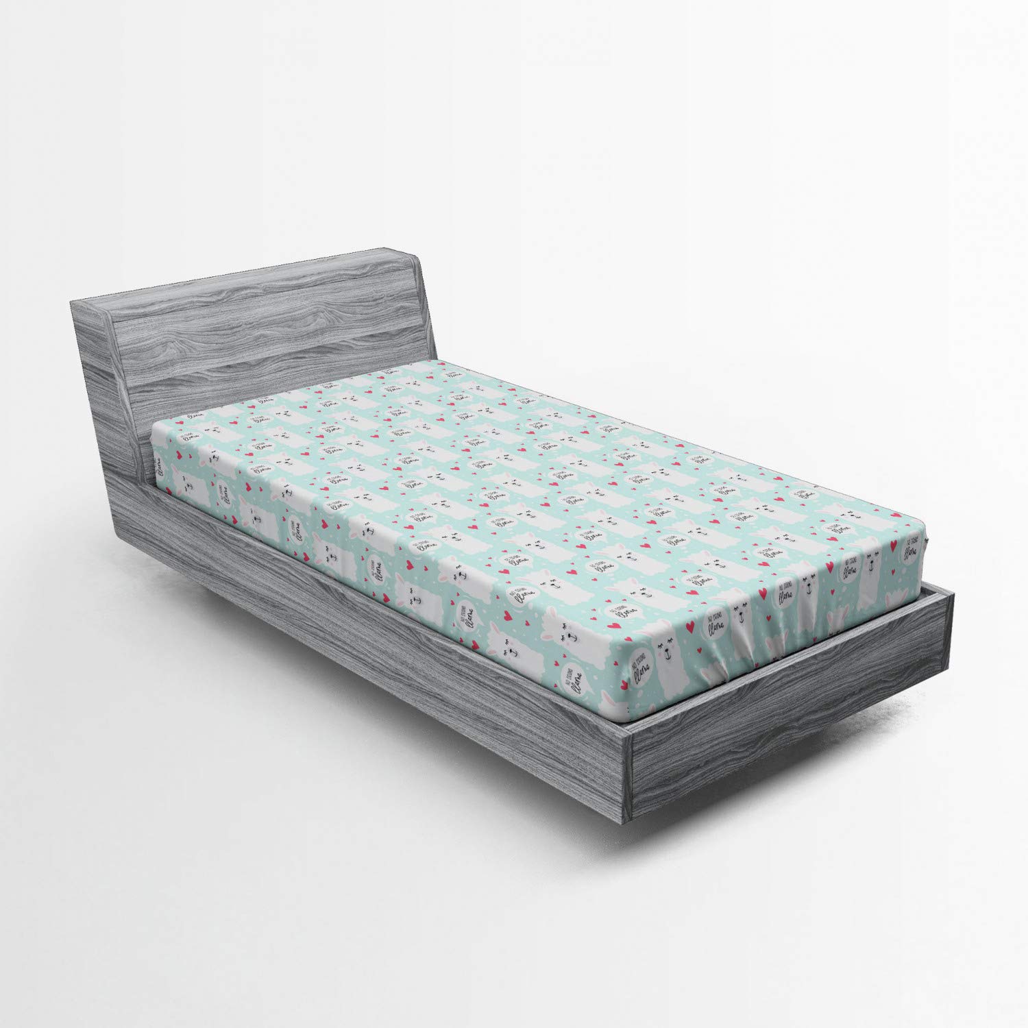 Lunarable No Drama Llama Fitted Sheet with Hearts & Alpaca Design, Deep Pocket Elastic Bed Cover - Twin Size, Almond Green Pink White | Soft & Comfortable for Kids' Rooms, Dorm Decor, Cozy Bedroom Makeover