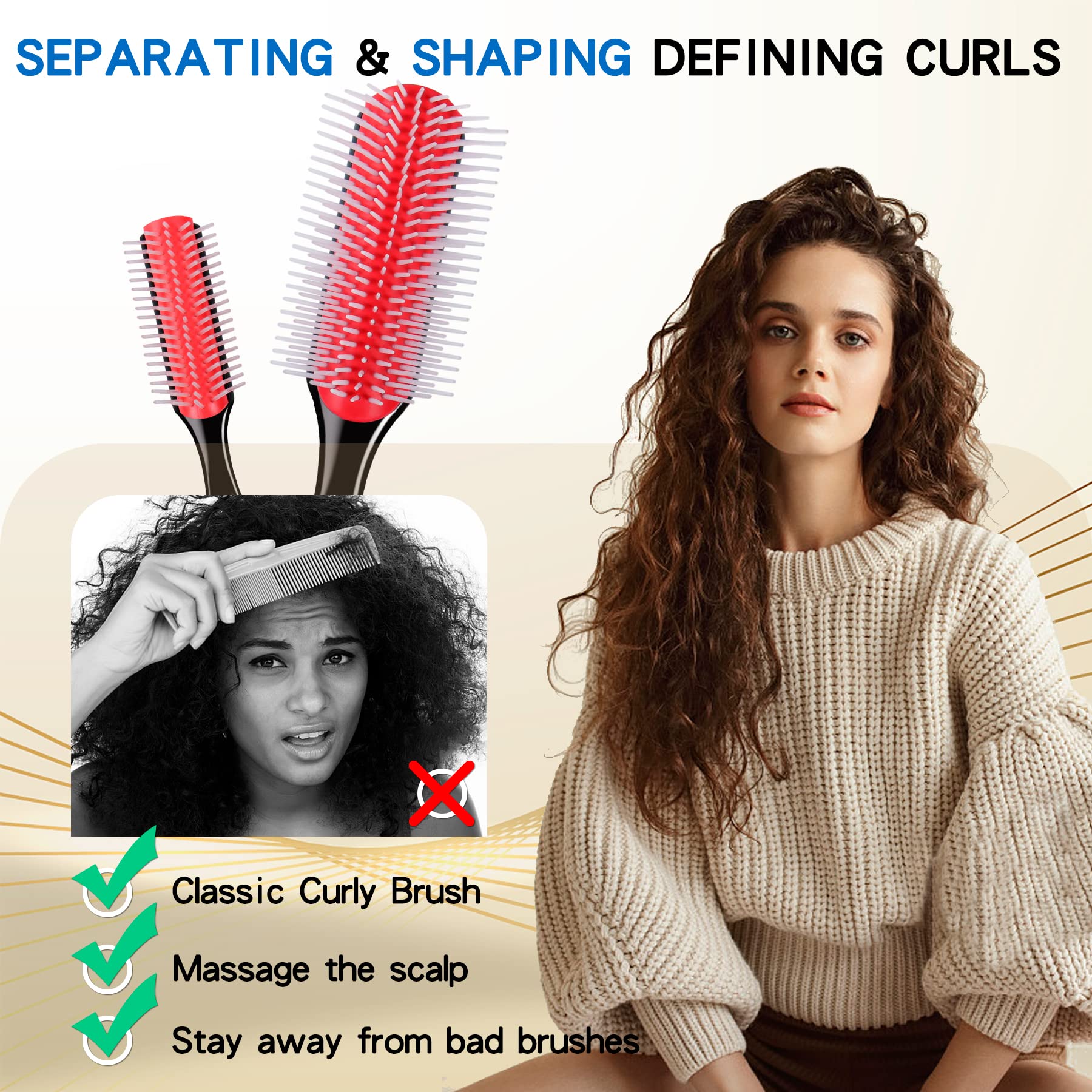 2 Pack Hair Brush for Women & Men - 9 Row & 5 Row Styling Brushes for Curly, Wet or Dry Natural Thick Hair - Detangling, Blowout Styling, Curl Defining & Travel Friendly Black Hairbrush - Perfect for Home, Salon & On-the-Go Hair Care