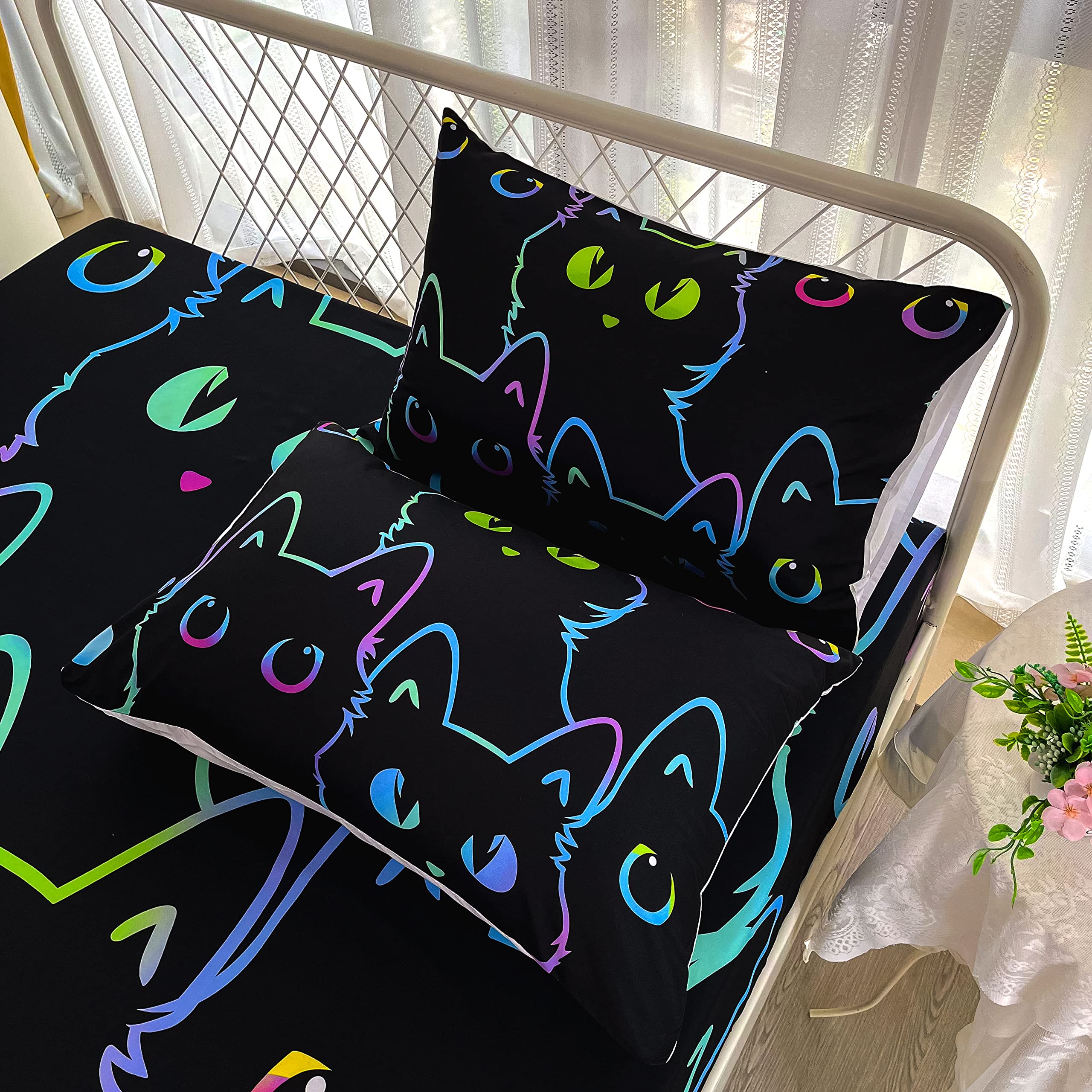 Cute Cartoon Cat Bed Sheets Set Twin Size - Kawaii Simple Strokes Animal Print Kids Bedding with Pillowcase, 100% Cotton Fitted Sheet with 16