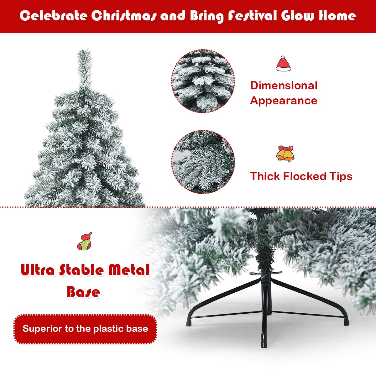 Goplus 7.5FT Snow Flocked Artificial Christmas Tree | Hinged Alaskan Pine Xmas Tree with Metal Stand | 100% PVC Material | Indoor & Outdoor Holiday Decor for Home, Office, and Party Decorations