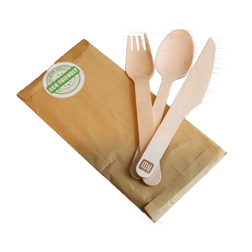 Eco-Friendly Disposable Wooden Cutlery Set - 100 Birch Wood Utensils with White Napkins (7
