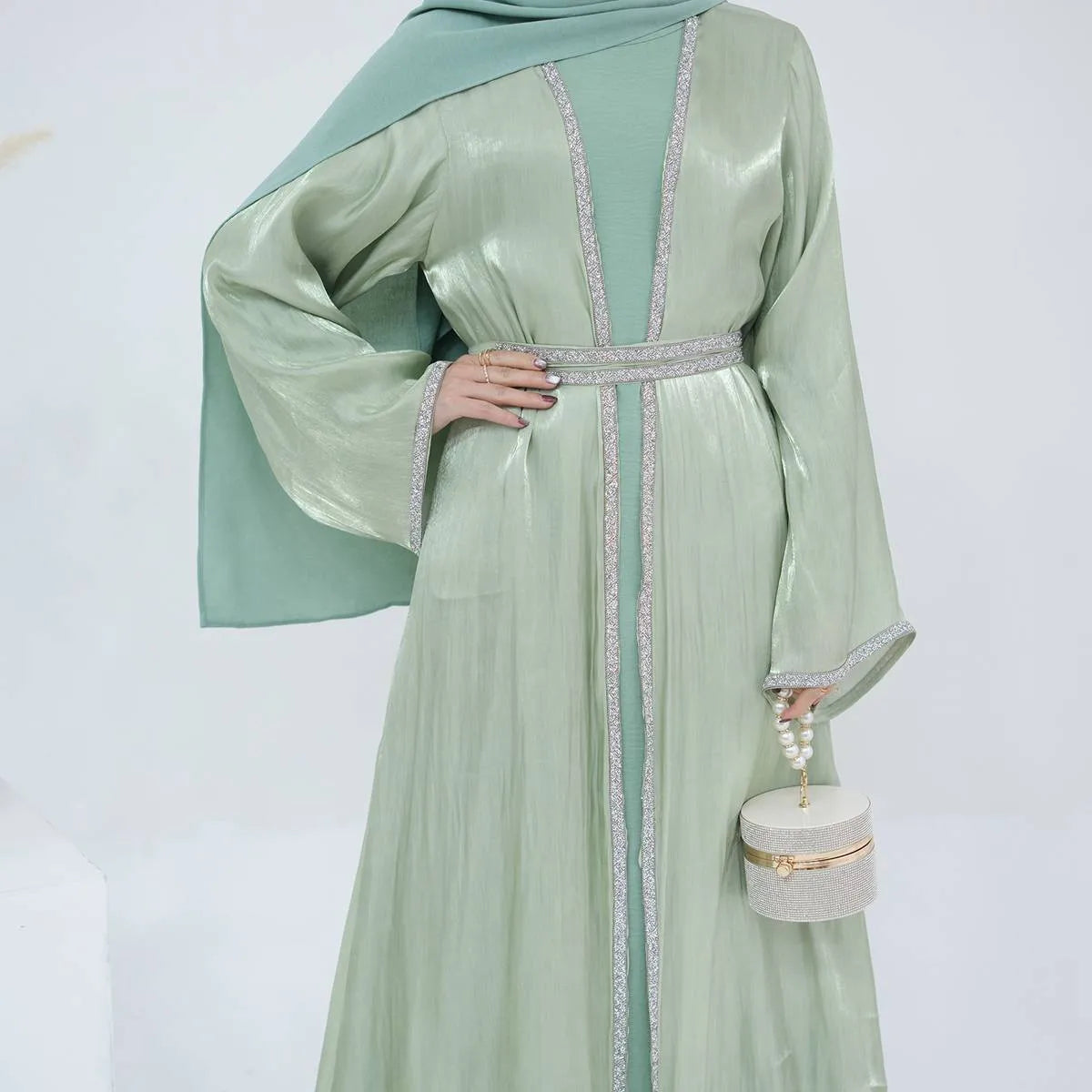 2-Piece Hotfix Rhinestone Sparkling Open Abaya Dress Set with Inner Dress - Perfect for Weddings, Parties & Special Occasions