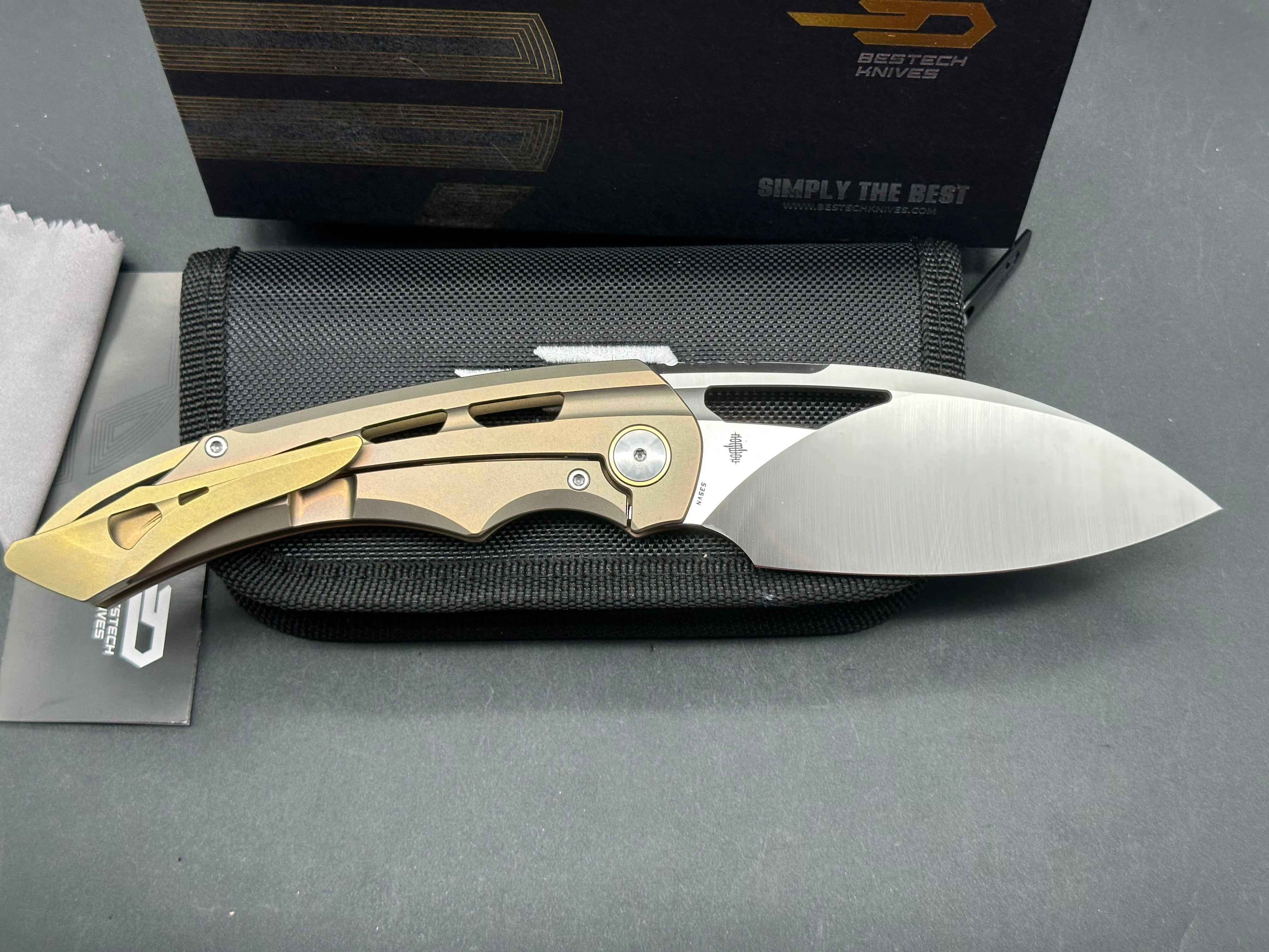 BESTECH Fairchild Folding Knife - Gold Titanium Handle, S35VN Steel Plain Edge, Satin Finish - EDC, Camping, Outdoor Survival & Everyday Carry Knife
