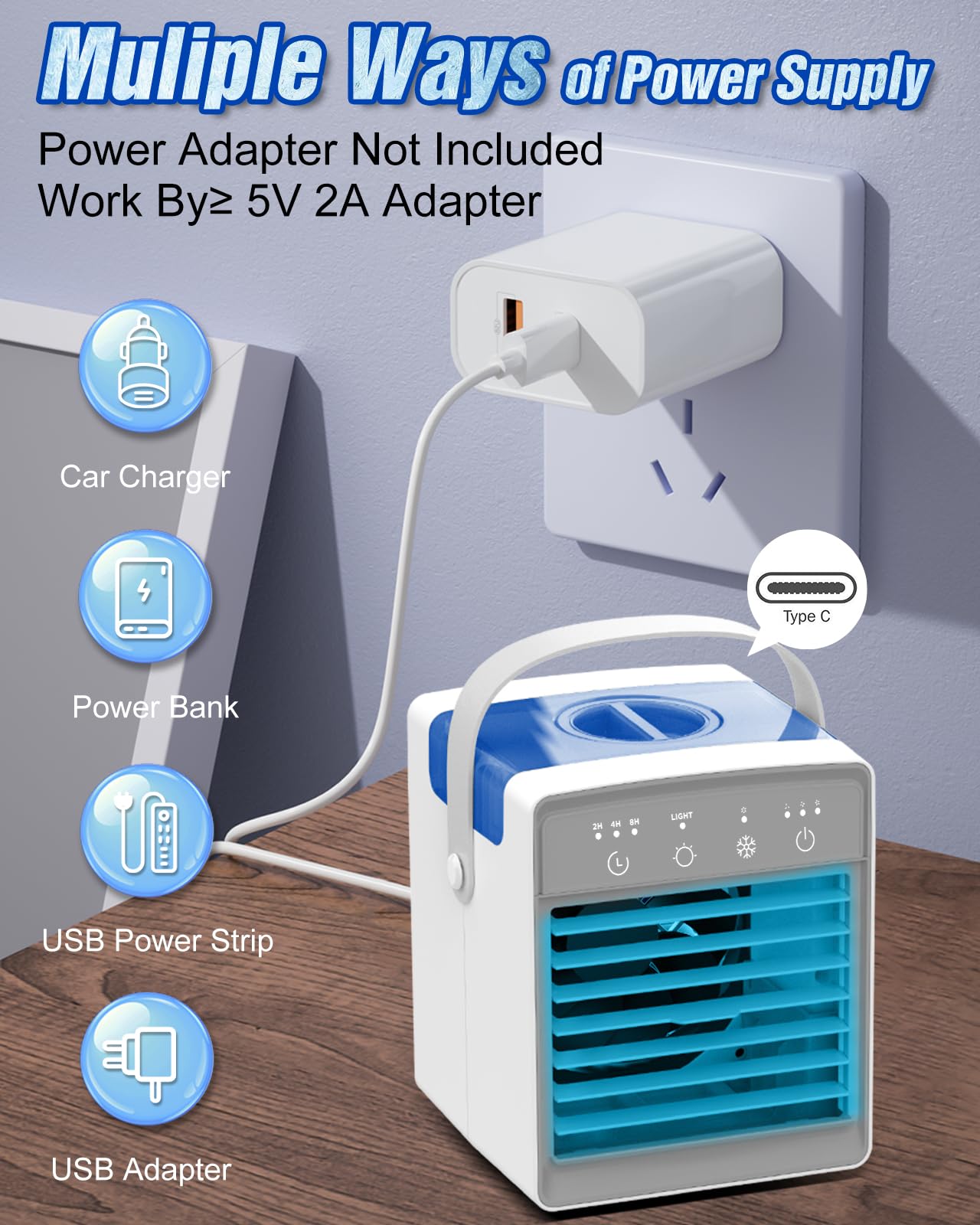 Portable Air Conditioner with 3 Wind Speeds & 7 LED Lights - 4-in-1 Evaporative Cooler with 300ml Large Water Tank - Mini AC Unit for Bedroom, Home, Office, Car, Camping - Stay Cool Anywhere