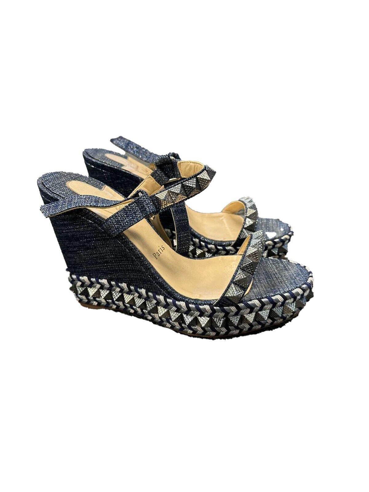 Christian Louboutin Pyraclou Spike Denim Wedge Sandals - Women's Size 39 (US 9) | Luxury Designer High Heels for Parties, Weddings & Special Occasions