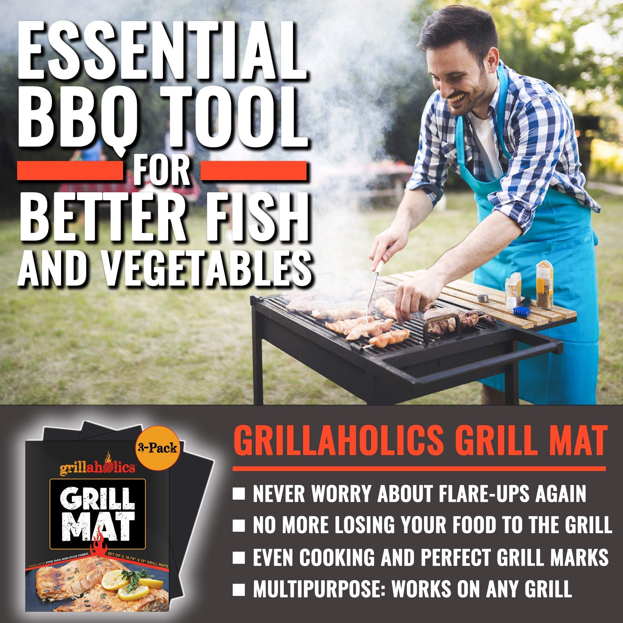 Grillaholics Nonstick Grill Mat Bundle - 3-Pack Heavy Duty 600°F BBQ Grill Mats for Gas, Charcoal & Electric Grills | Perfect for Backyard Cookouts, Camping & Outdoor Cooking