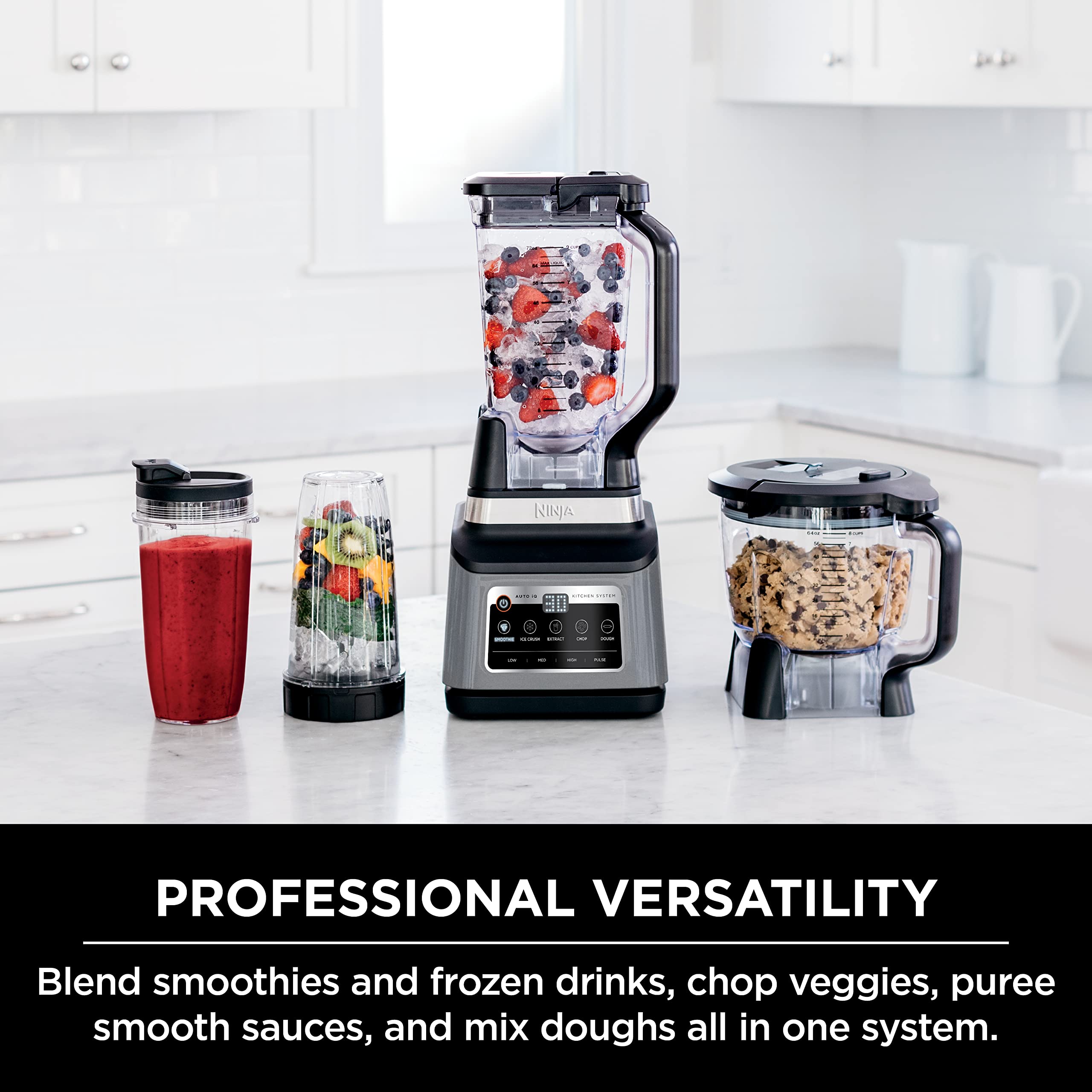 Ninja BN801 Professional Plus Kitchen System - 1400W High-Powered Blender for Smoothies, Chopping, Dough & More with Auto IQ Technology | Includes 72oz Blender Pitcher, 64oz Processor Bowl & 2x 24oz To-Go Cups | Perfect for Meal Prep, Healthy Juicing & Family Cooking (Grey)