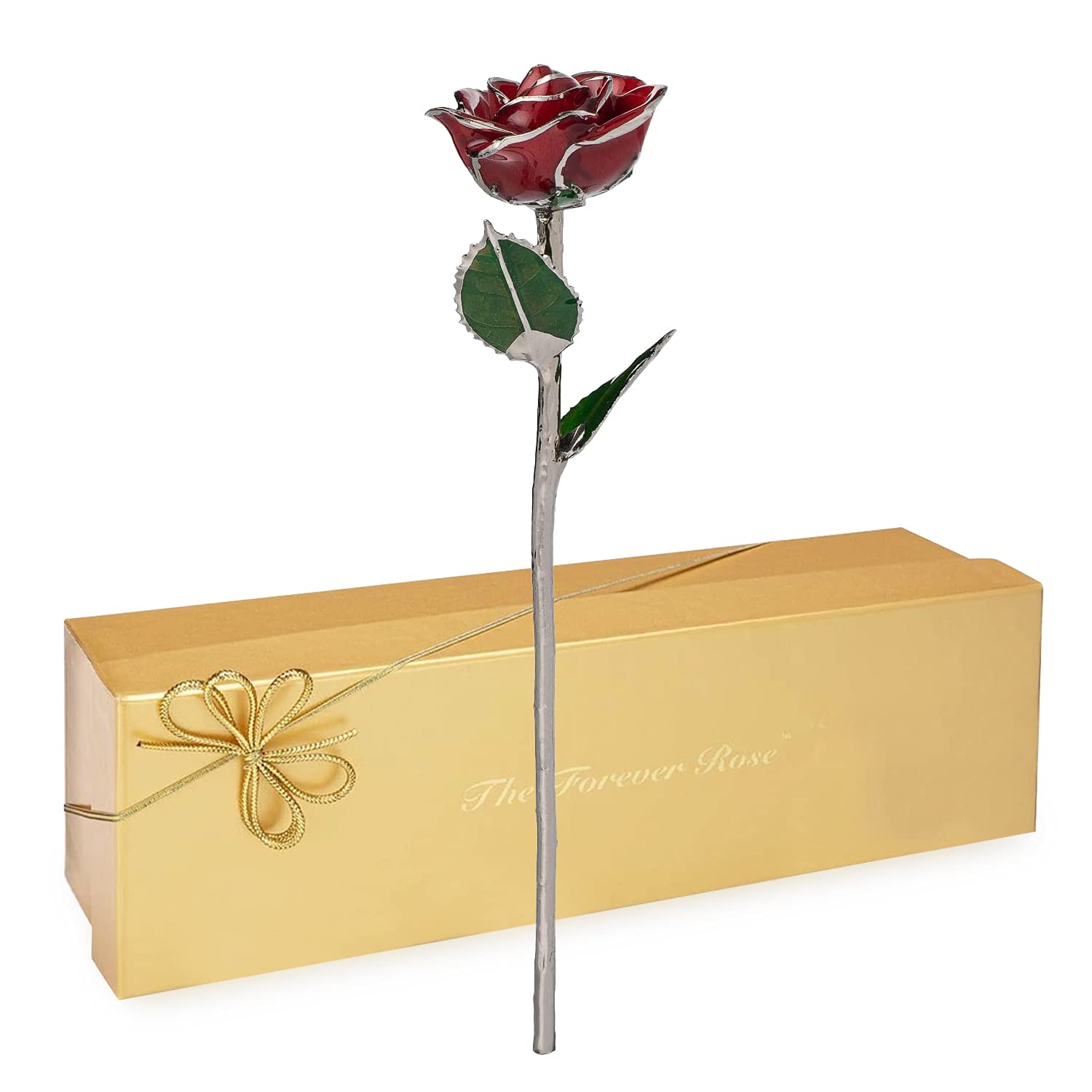 Forever Rose Red Platinum - Preserved Real Rose Dipped in Lacquer with Platinum Trim | Romantic Gift for Women, Men, Anniversary, Valentine's Day | Perfect for Home Decor, Wedding Centerpieces & Luxury Gift Giving