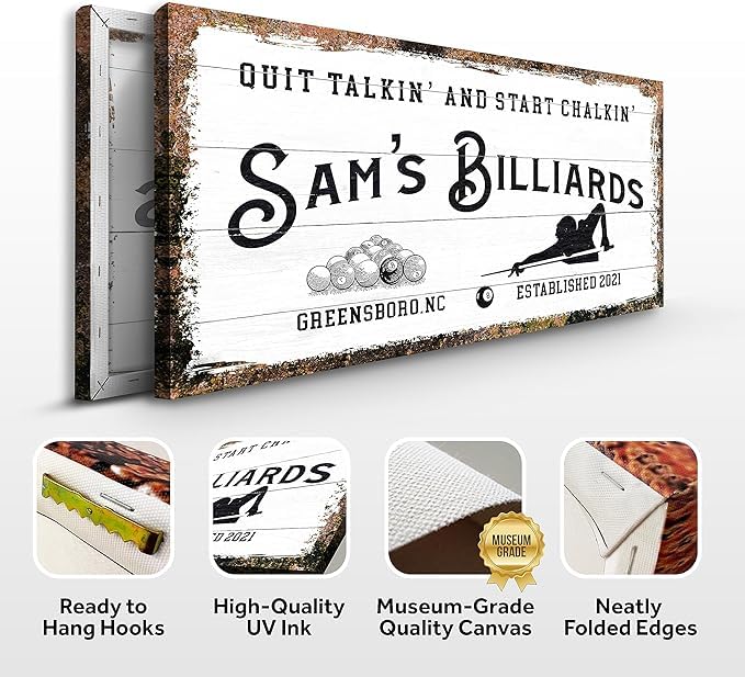 Personalized Billiards Wall Art - Custom Pool Hall Decor Canvas Sign for Men, Him & Boys - Rustic White Fifteen Ball Design 60