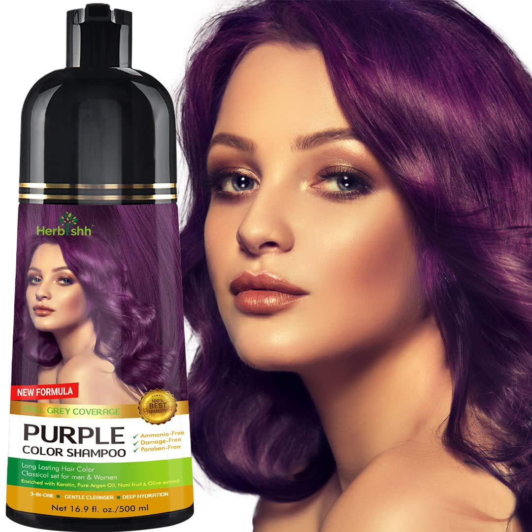 Herbishh Purple Hair Color Shampoo for Gray Hair - 500ml with Hair Thickening Serum Trio | Vegan, Lightweight Formula | Covers Grays & Adds Volume | Perfect for Home Hair Care & Salon-Quality Results