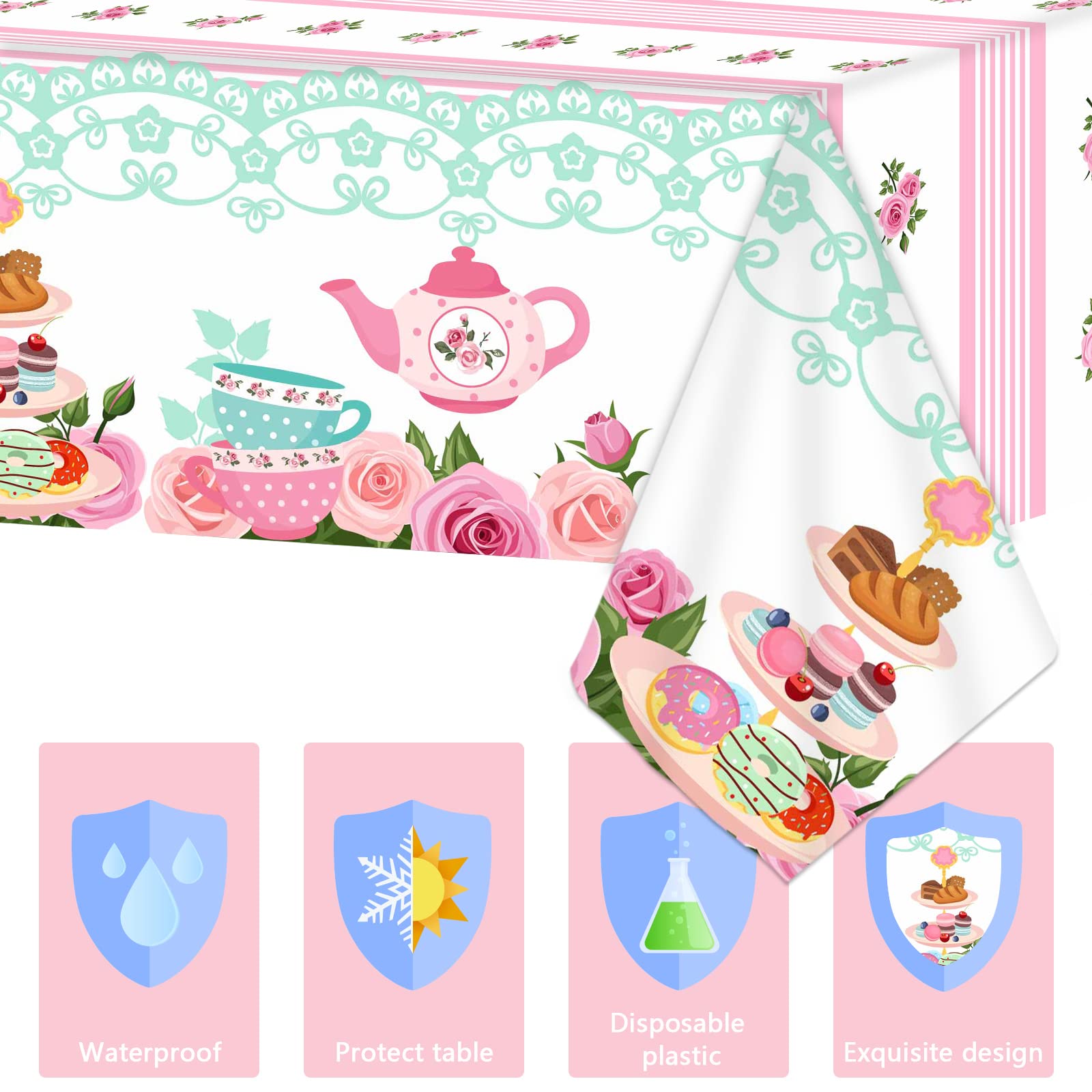 3-Piece Pink Floral Plastic Tablecloth Set with Lace Trim - 54x108 Inch - Perfect for Baby Showers, Birthday Parties, Weddings & Tea Party Decorations - Waterproof & Easy to Clean Party Supplies for Indoor/Outdoor Events