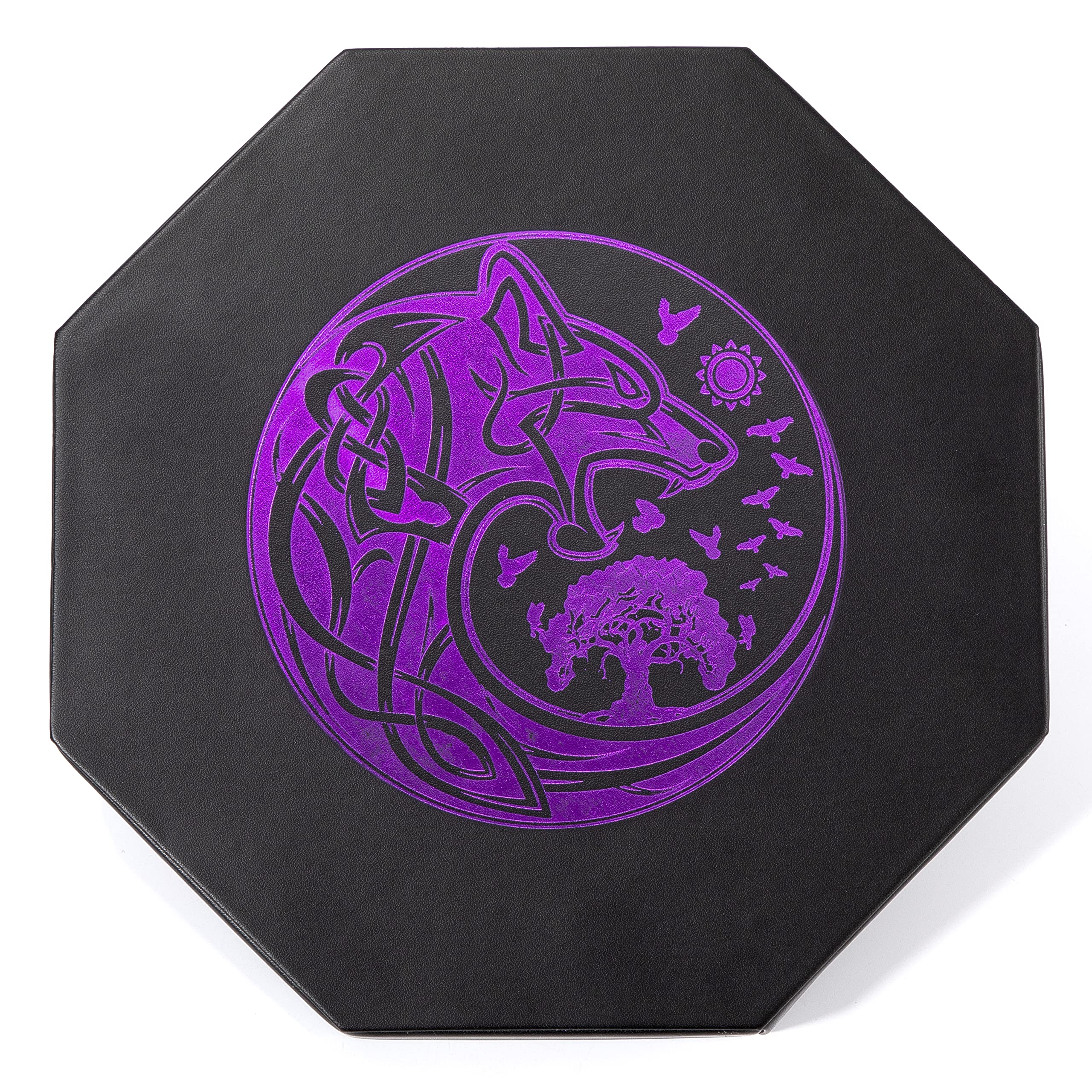 Premium 8 Inch DND Dice Tray for Dungeons & Dragons - Exquisite Purple World Tree & Wolf Raven Design - Dice Rolling Tray with Storage Box for RPG Tabletop Games - Perfect for D&D Sessions & Game Nights