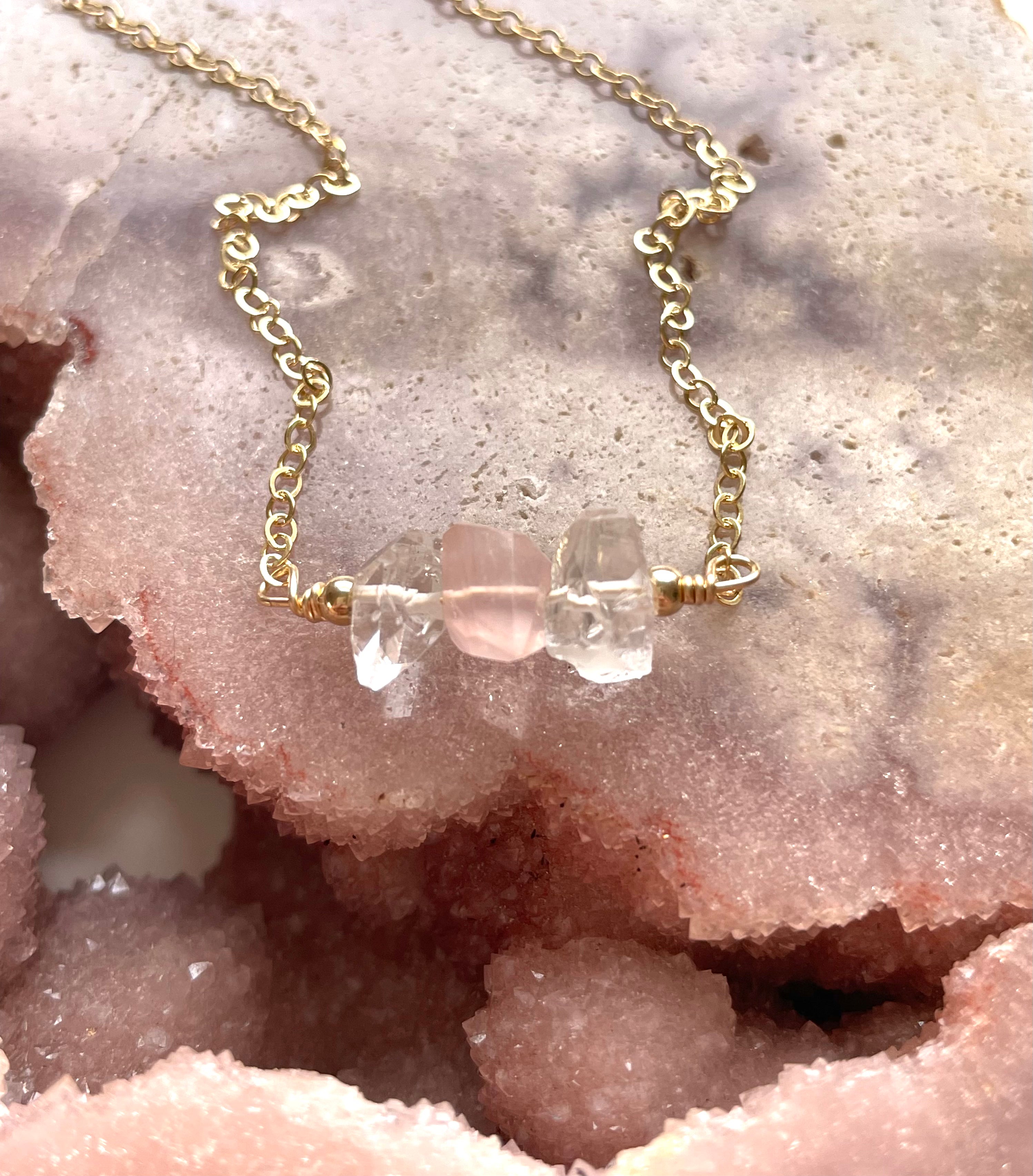 Elegant Feminine Crystal Necklace - Herkimer Diamond, Rose Quartz & Clear Quartz Pendant for Women | Perfect for Weddings, Date Nights & Spiritual Healing