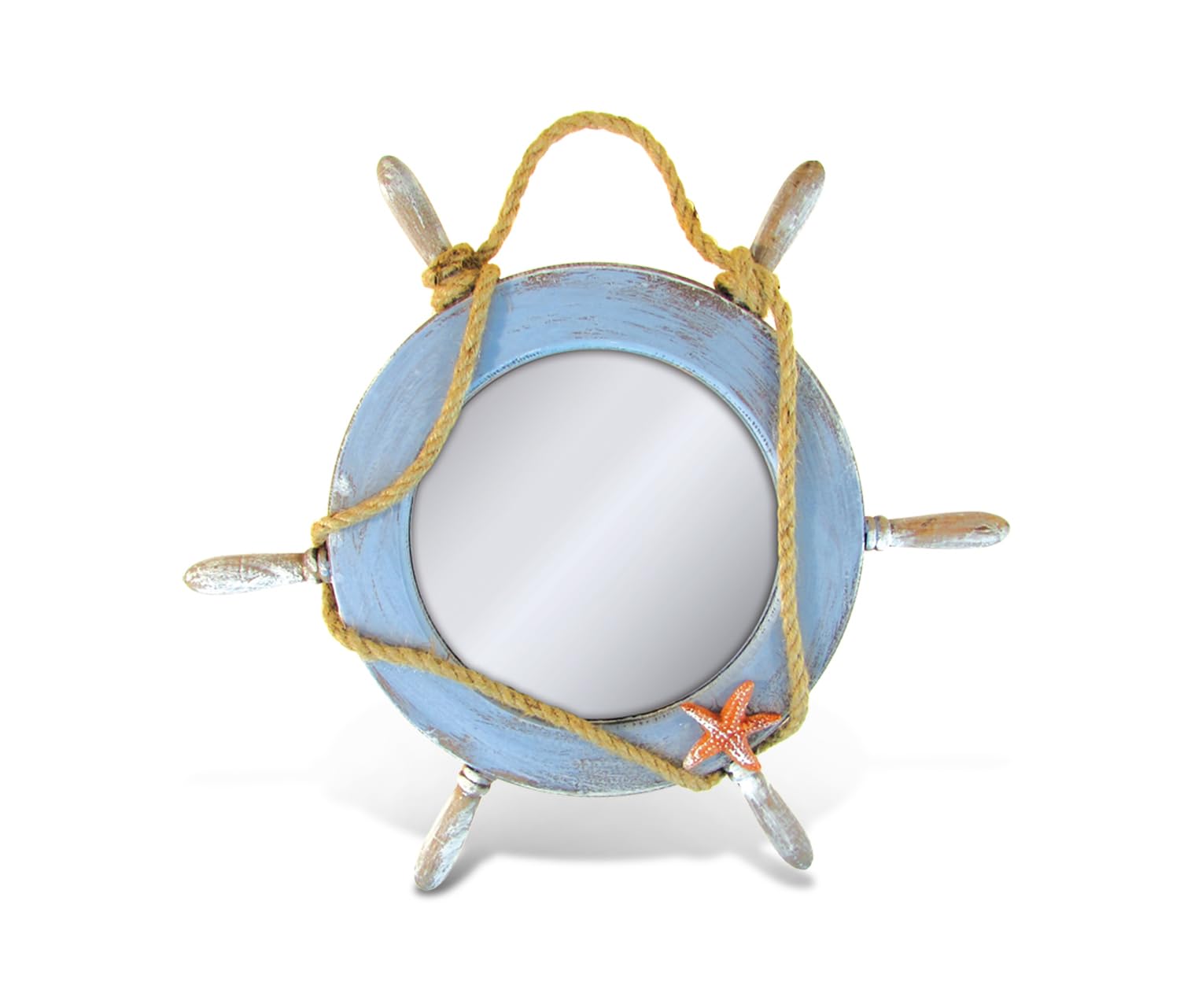 Vintage Nautical Wooden Boat Wheel Mirror with Rope & Starfish - Coastal Beach Wall Decor for Bathroom, Living Room or Bedroom - Blue Ocean Themed Home Accent Piece for Seaside Cottage Style