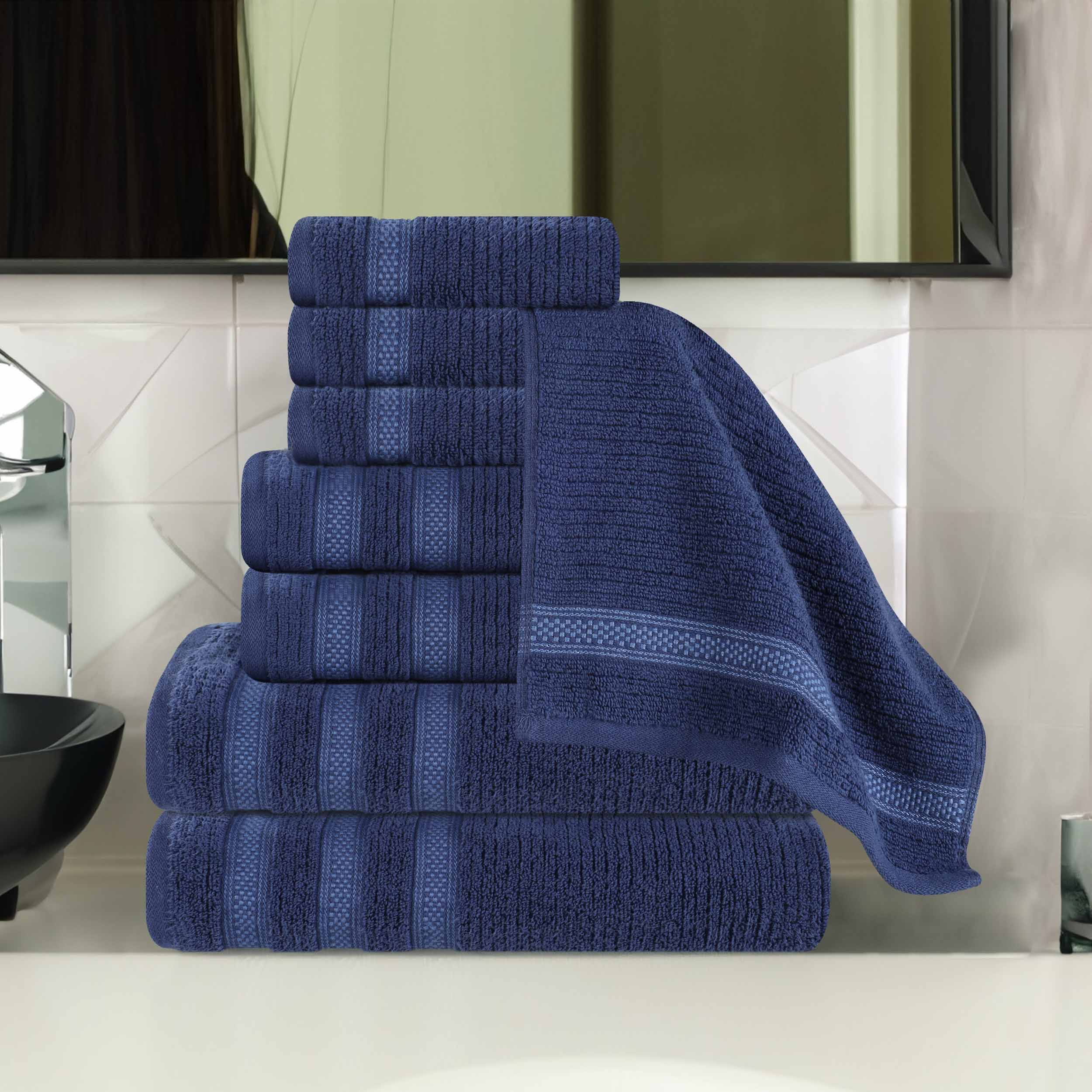 Premium Zero Twist Cotton Ribbed Geometric Border 8-Piece Towel Set | Ultra Soft Bath & Beach Towels for Spa, Pool & Home Decor