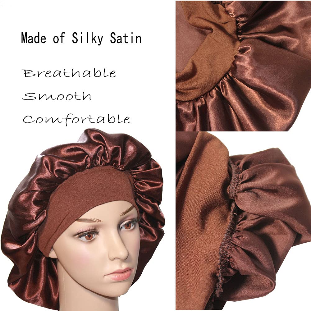 VEYRNEIC Satin Sleep Bonnet for Women - Wide Elastic Band Silk Night Cap for Braids, Natural Hair & Chemo - Includes Satin Storage Bag (Brown) | Perfect for Sleeping, Showering & Hair Protection