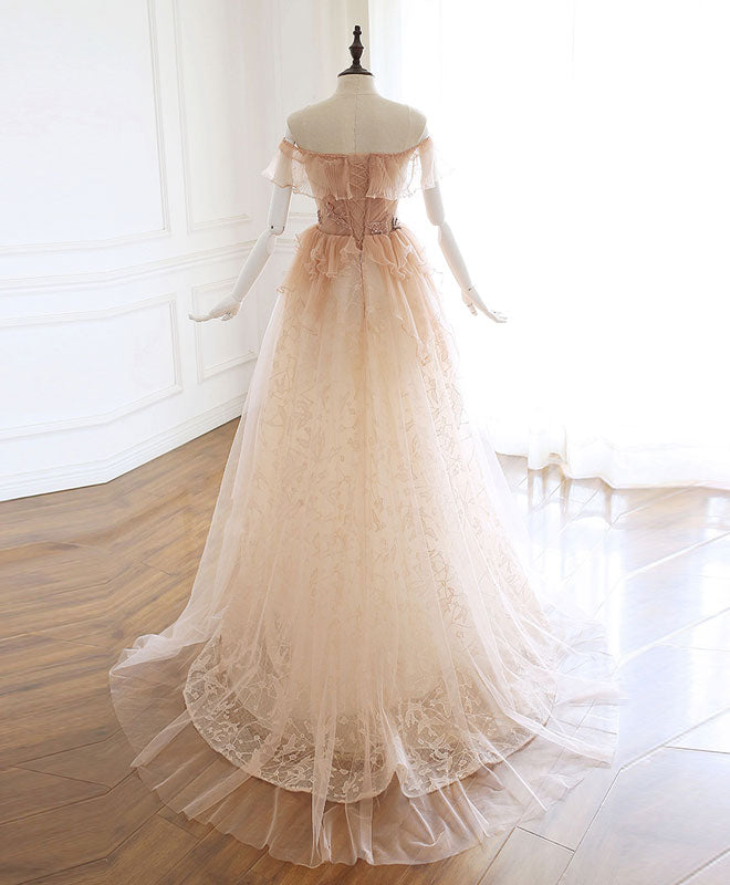 Elegant Champagne Tulle Lace Long Prom Dress & Evening Gown - Perfect for Homecoming, Wedding Guest, and Formal Events