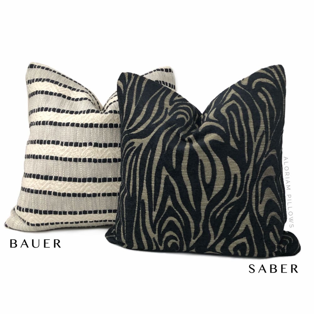 Saber Black Beige Animal Stripe Chenille Pillow Cover - Soft Decorative Throw Pillow Case for Sofa, Bed, Couch - Home Decor Accent for Living Room, Bedroom