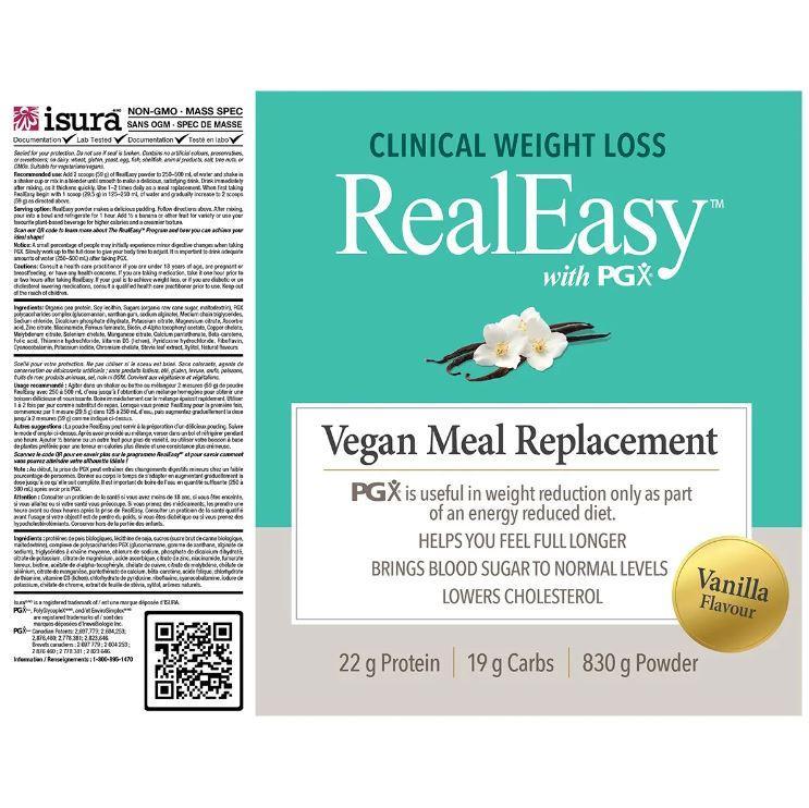 Natural Factors Real Easy With PGX Vegan Meal Replacement Vanilla 830g - Plant-Based Protein Powder for Weight Management & Healthy Lifestyle - Perfect for Smoothies, Shakes & On-The-Go Nutrition