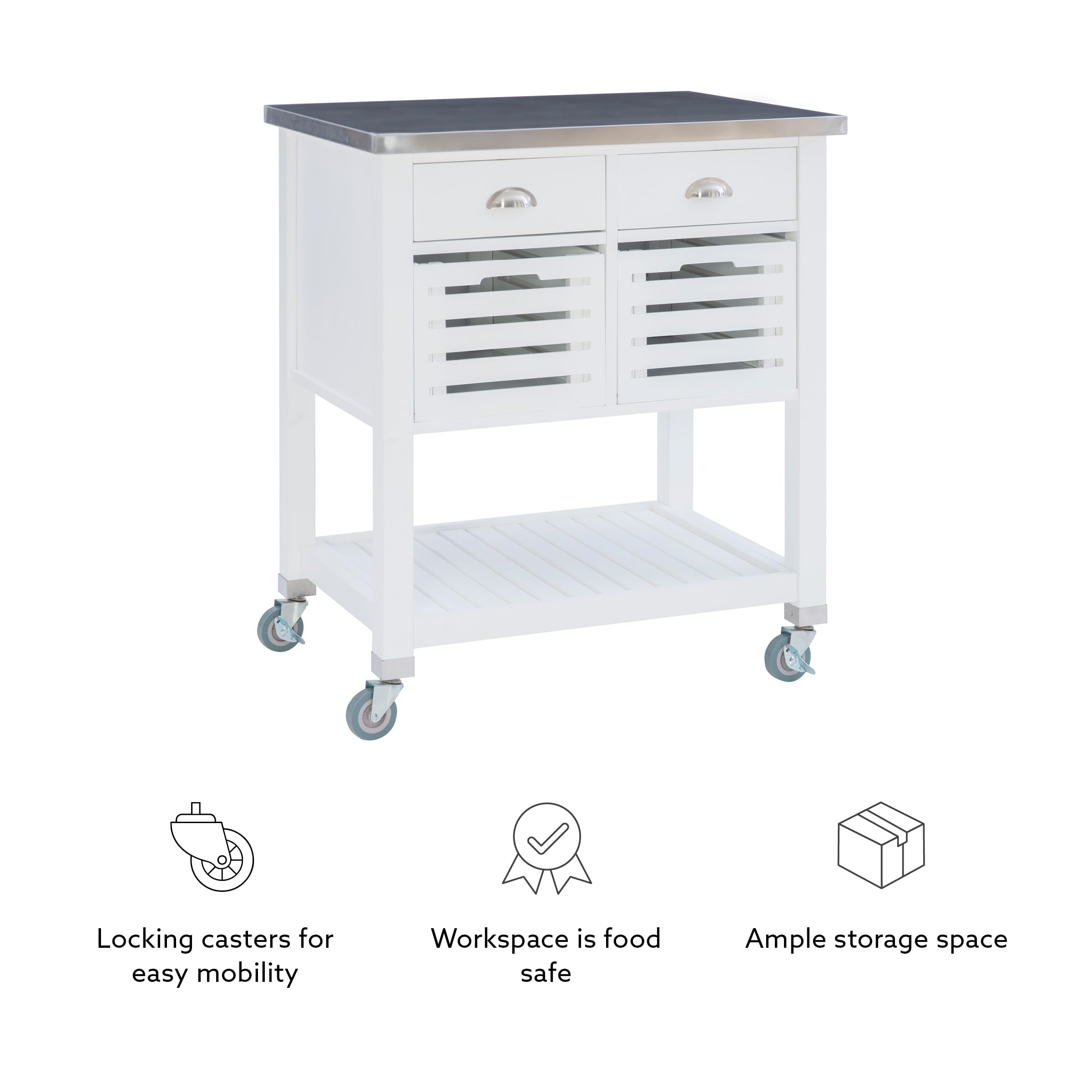 Linon Hudson White Kitchen Cart with Wheels - Rolling Kitchen Island for Small Spaces - Perfect for Food Prep, Storage & Serving - Ideal for Apartments, Dorms & Compact Kitchens