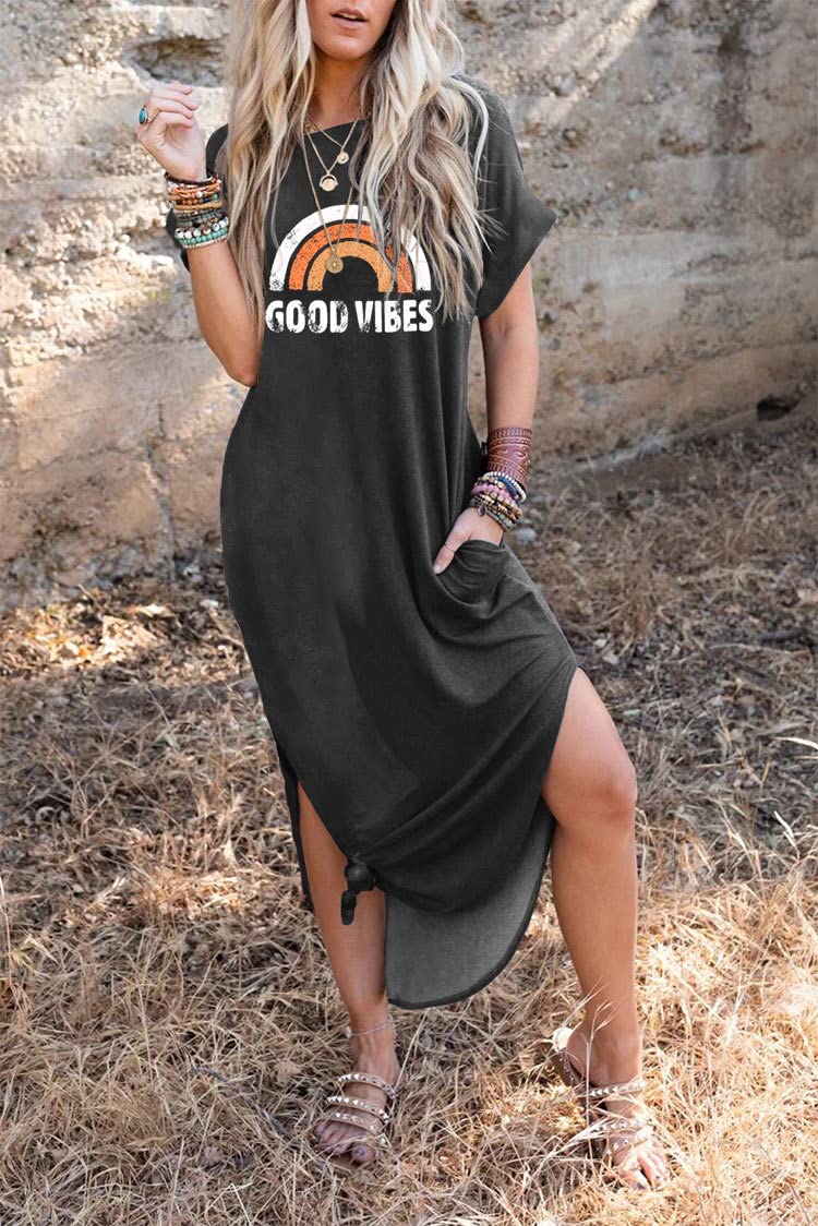 Good Vibes Rainbow Graphic Women's Sleeveless Maxi Dress with Pockets - Hawaiian Beach Tank Dress for Summer Vacations & Tropical Getaways