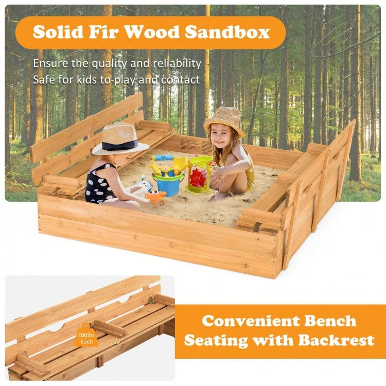 Kids Wooden Sandbox with 2 Foldable Bench Seats - Outdoor Play Sand Box for Toddlers & Children - Perfect for Backyard, Garden & Playground Fun