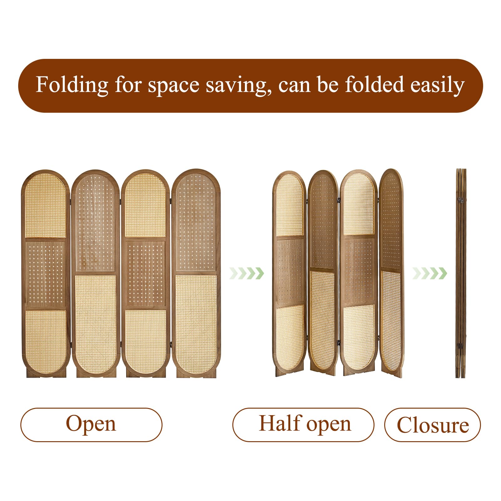 Rattan Room Divider Panel - 4-Panel Folding Privacy Screen with 16 Hooks | Pegboard Display for Jewelry Store, Bazaar & Bedroom | Wooden Partition Wall for Home, Office & Retail Spaces (Brown)