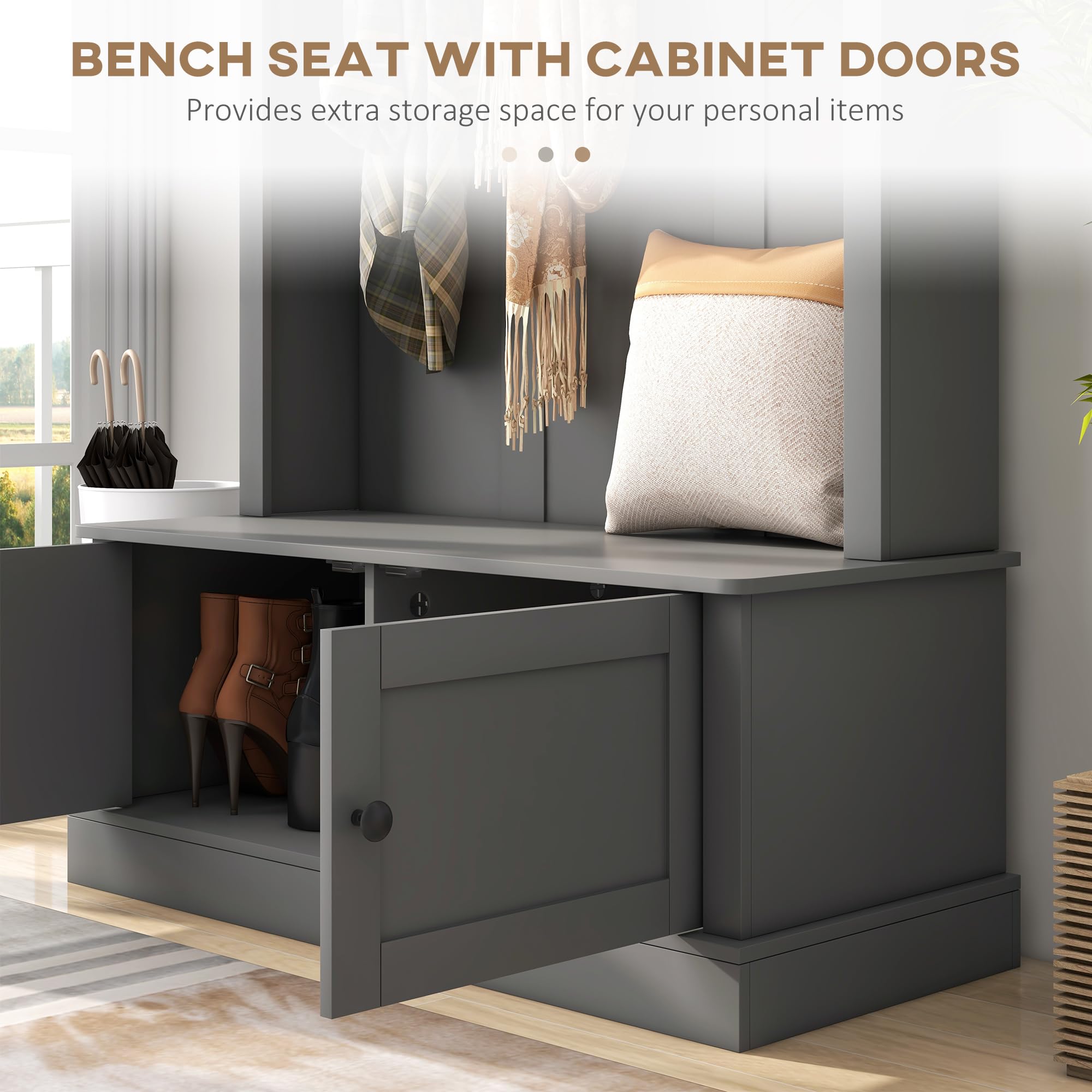 HOMCOM Entryway Bench with Storage & Hooks - Hall Tree Coat Rack, Shoe Storage Cabinet & Shelf - Mudroom Bench for Hallway, Living Room & Entryway Organization - Gray