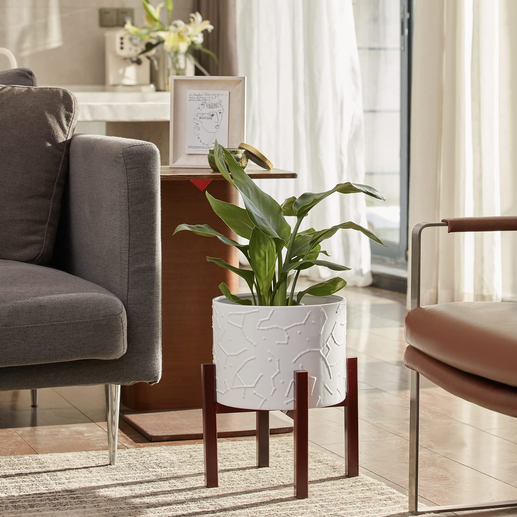 LA JOLIE MUSE 10 Inch Ceramic Flower Pot with Stand - Modern Indoor Planters for Home Decor, Office Desk, Living Room & Garden - Perfect for Succulents, Herbs & Houseplants