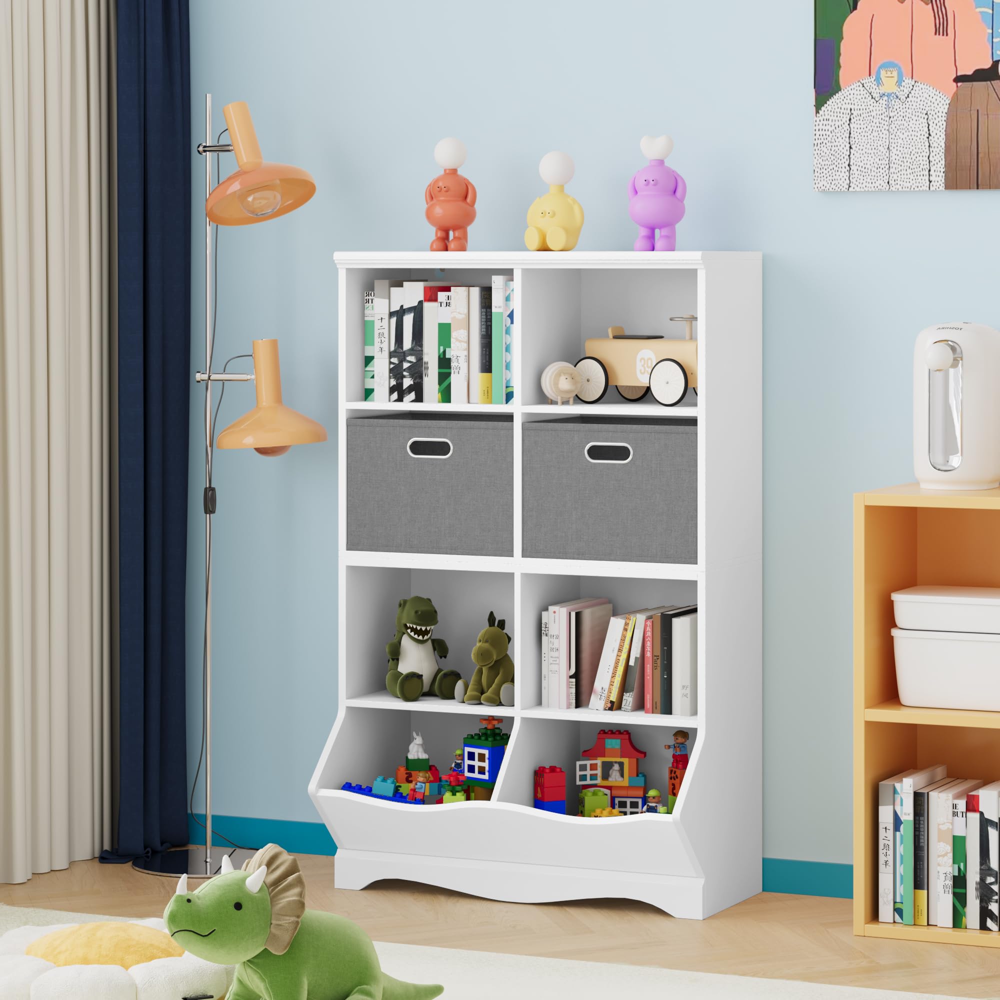 White Toy Storage Organizer with 2 Bins & 8 Cubbies - Kids Bookcase & Bookshelf for Boys & Girls - Perfect for Toddler Room, Playroom & Nursery Organization - Durable Children's Storage Cabinet for Toys & Books