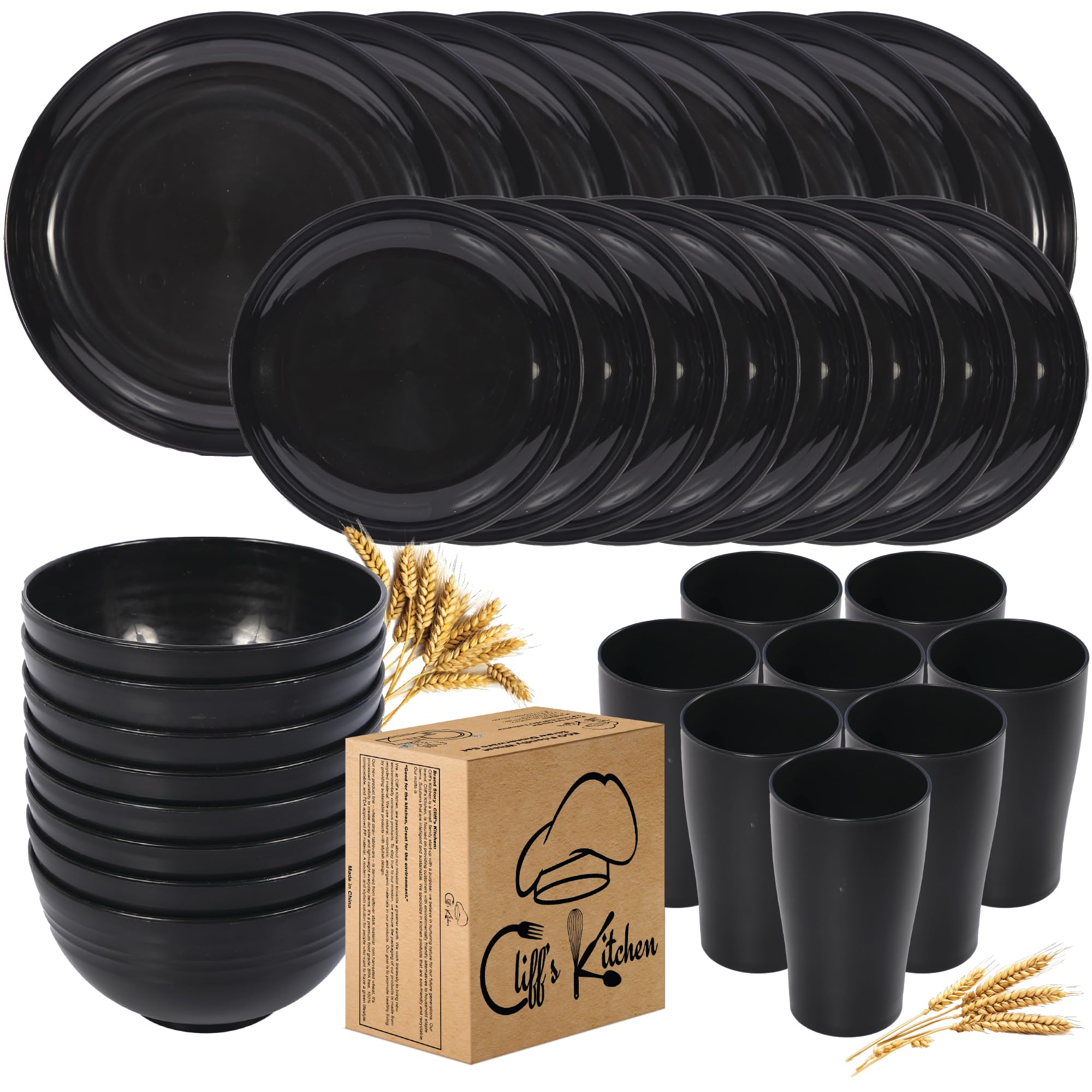 32-Piece Black Wheat Straw Dinnerware Set for 8 - Unbreakable BPA-Free Plates, Bowls & Cups - Lightweight Microwave Safe Camping & Outdoor Dishes - Perfect for Picnics, BBQs, and Family Gatherings