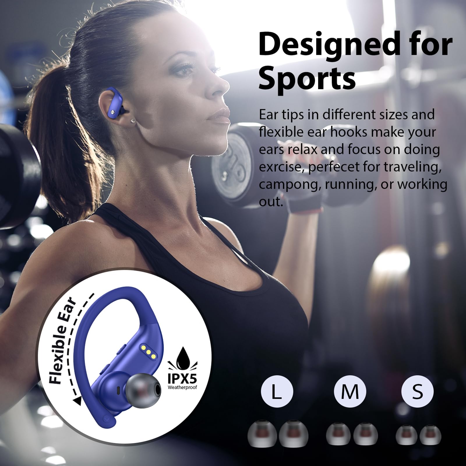 Bmanl Wireless Bluetooth Earbuds with LED Display - 48H Playtime, Built-in Mic, Secure Earhooks for Running, Gym & Workouts (Blue) | Perfect for Sports, Commuting & Outdoor Activities