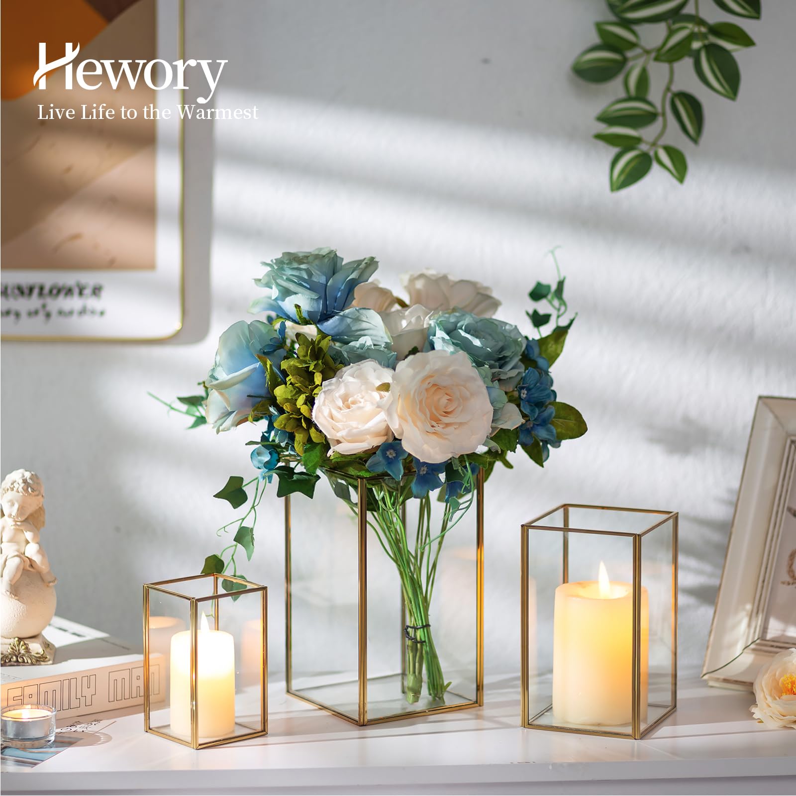 Hewory Glass Hurricane Candle Holder Set of 3 - Gold Metal Frame Square Clear Candle Holders for Wedding, Christmas, Engagement, Birthday Party Decor - Perfect for Table Centerpieces, Home Decor, and Romantic Ambiance