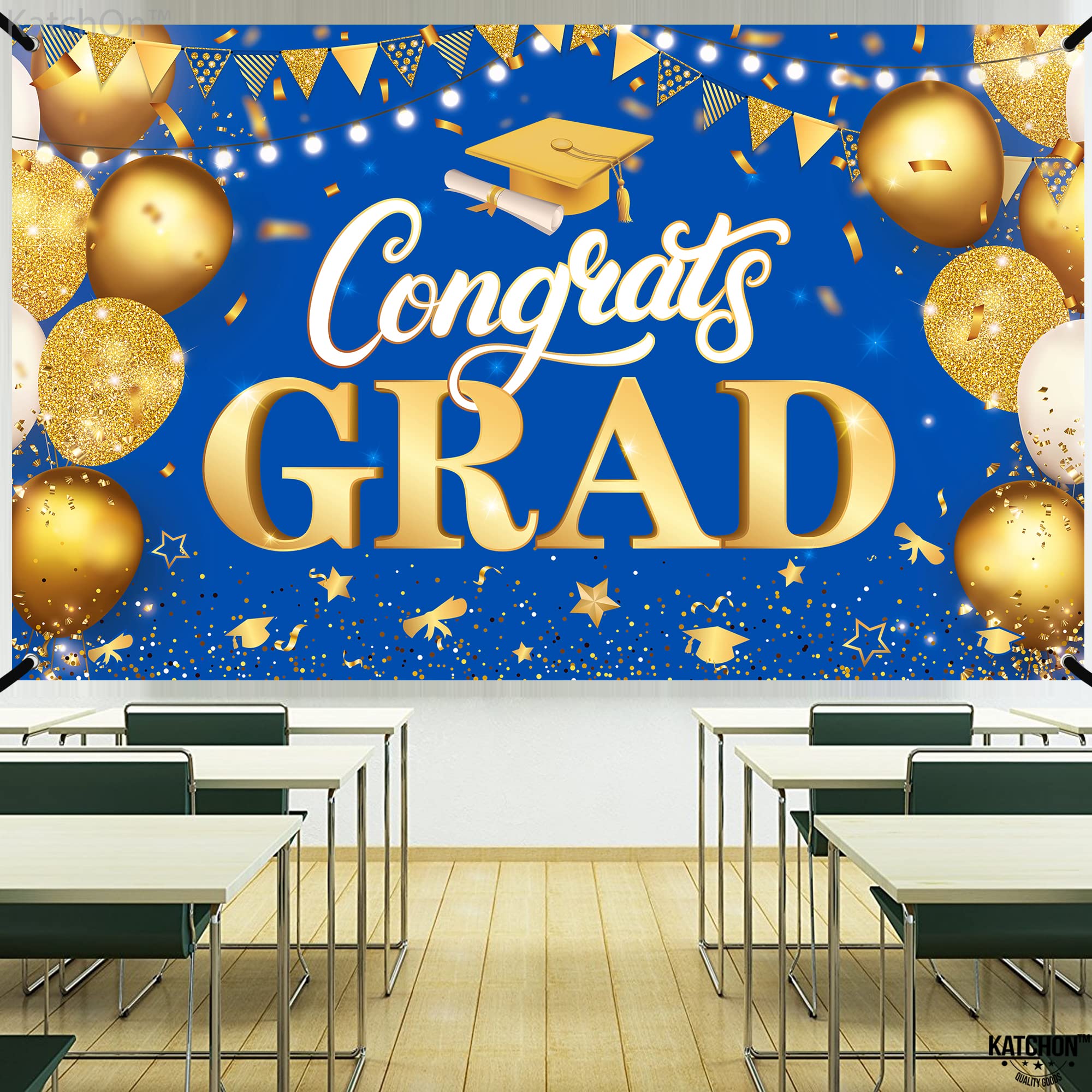 KatchOn Extra Large Congratulations Graduation Banner - 72x44 Inch Class of 2025 Decorations, Blue & Gold Grad Party Supplies for High School & College Commencement Ceremony - Perfect for Graduation Party Decor, Photo Backdrops & School Events