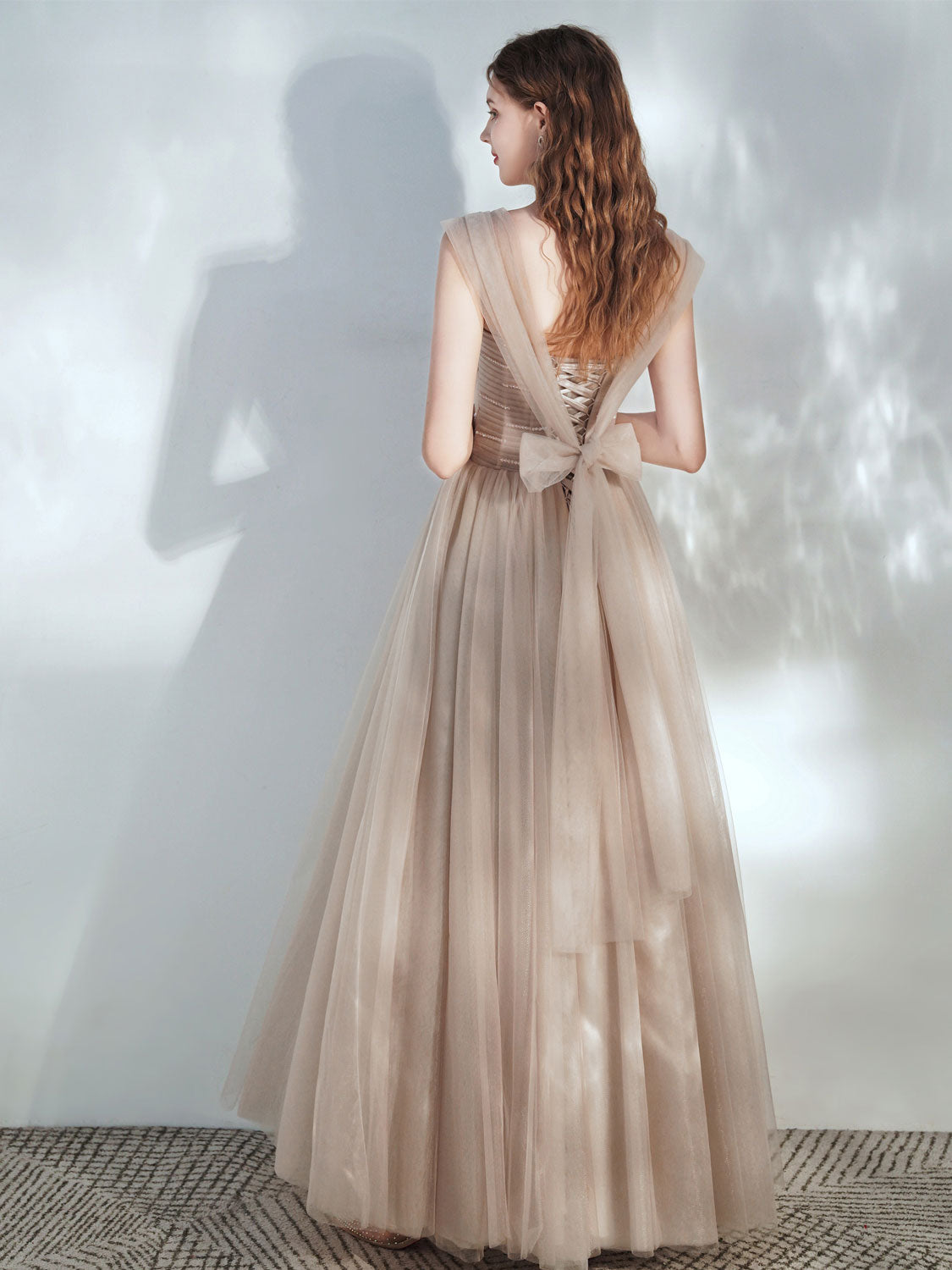 Elegant A-Line Tulle Champagne Long Prom Dress for Women - Formal Evening Gown for Homecoming, Wedding, and Special Occasions